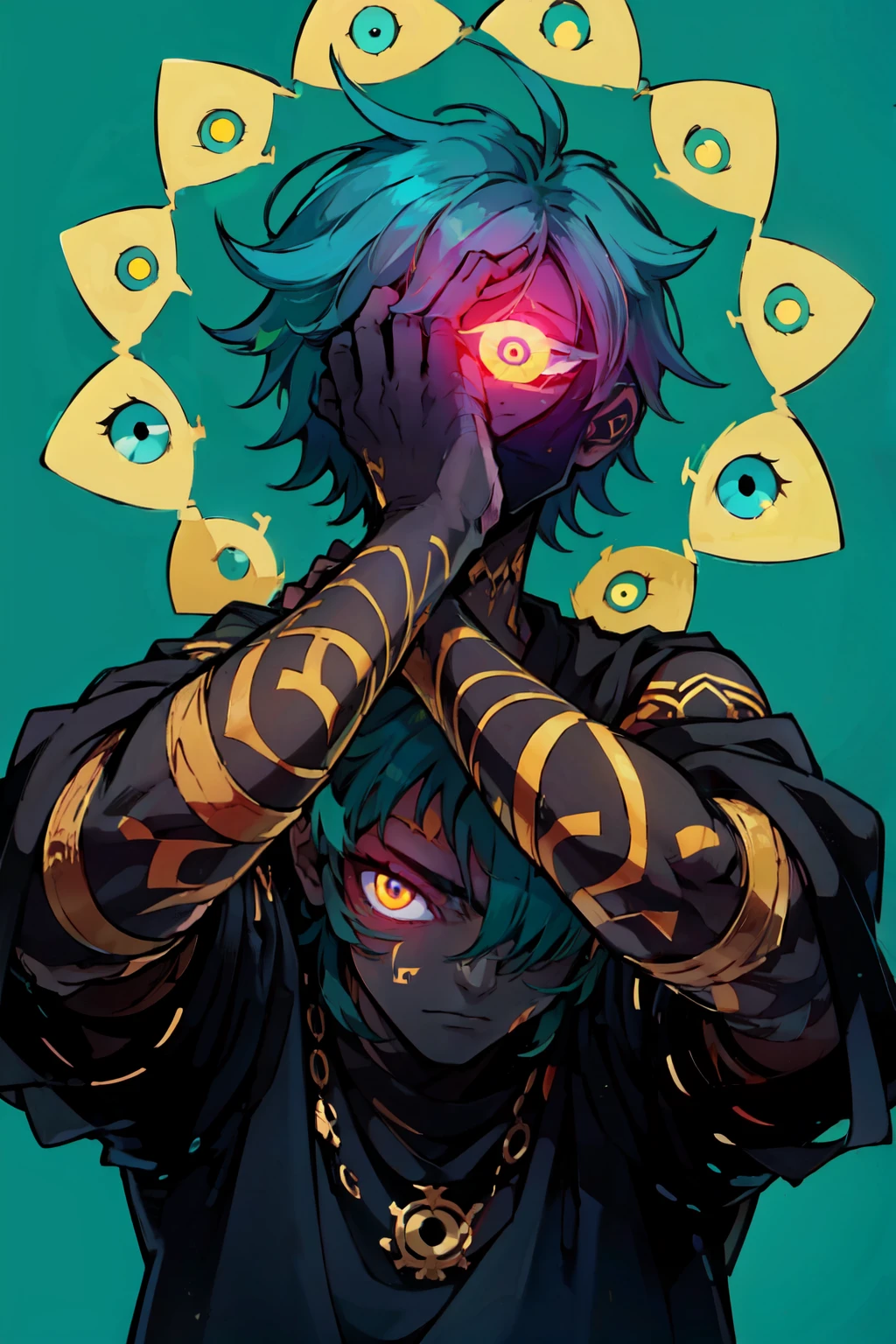 ((masterpiece,best quality)), absurdres, <lora:Occult_Oculi_Magic:0.8>,  OccultOculi, solo, looking at viewer, short hair, simple background, 1boy, yellow eyes, upper body, male focus, hands up, tattoo, blue background, bandages, bandaged arm, covering face, (eye on hand:1.2)