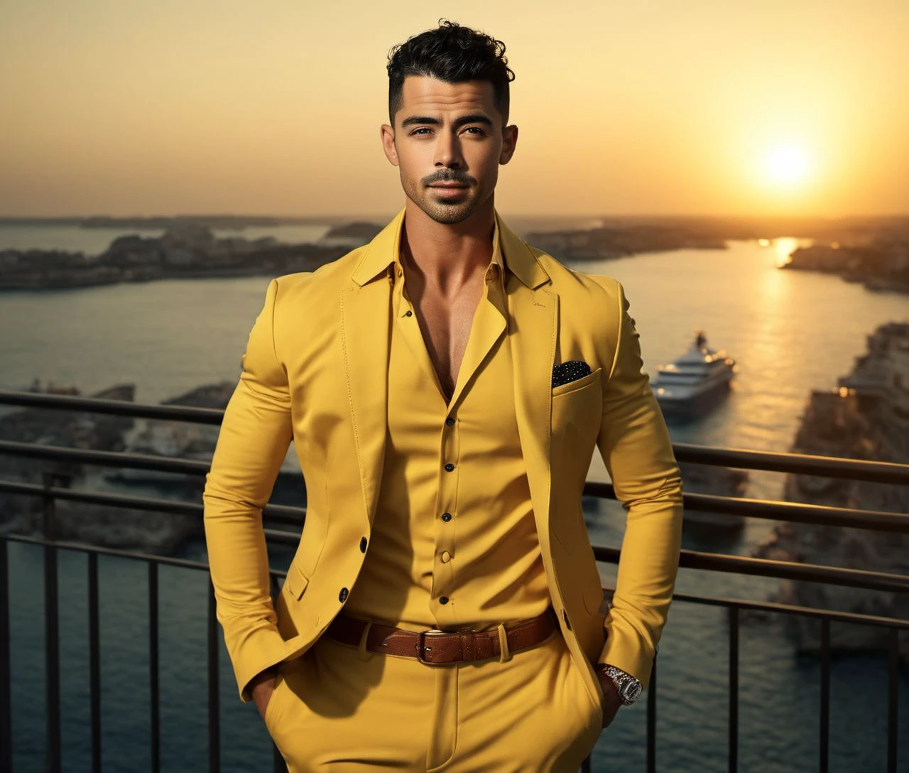 Nautical-themed (Photo:1.3) of (Ultrarealistic:1.3) <lora:Man_Men_FFashion:1> Joe Jonas a man <lora:Joe-Jonas:0.75> in a yellow suit standing on a balcony, handsome man, attractive man, handsome male, sun behind him, inspired by Pablo Munoz Gomez, shot at golden hour, editorial photograph, midshot of a hunky, by Roman Bezpalkiv, by Artur Tarnowski, maxim sukharev, by Gabor Szikszai,Highly Detailed,(Mono Color:1.3) . Sea, ocean, ships, maritime, beach, marine life, highly detailed