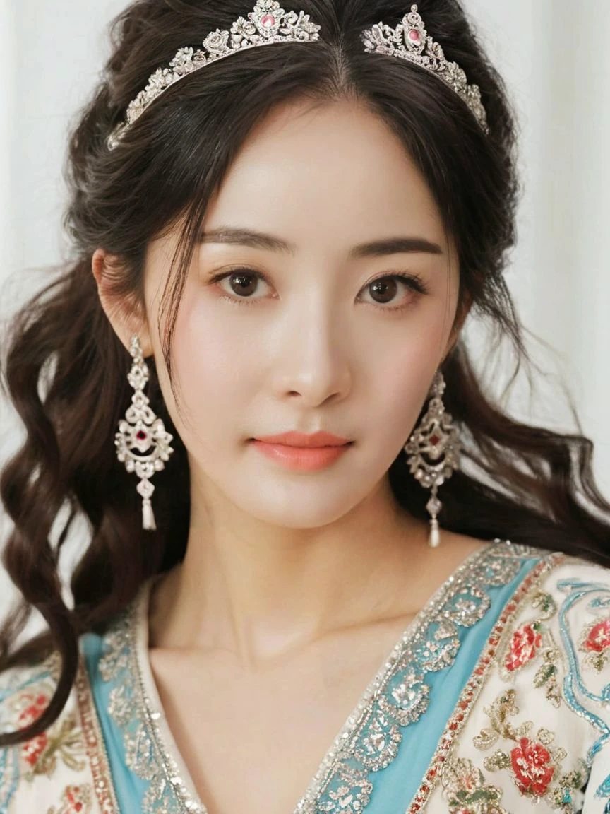 yangmi woman,cool, artstation,photo realistic,beautiful, high-resolution image,Midshots,shartp focus,natural lighting,detailed clothing, in mid centry clothes, a princess sitting before open and looking very cute, realistic, ultra detailed hair&face& face&fingers&eyes&eyes&clogs&armousels&eyes|looking up&from above in haircolor