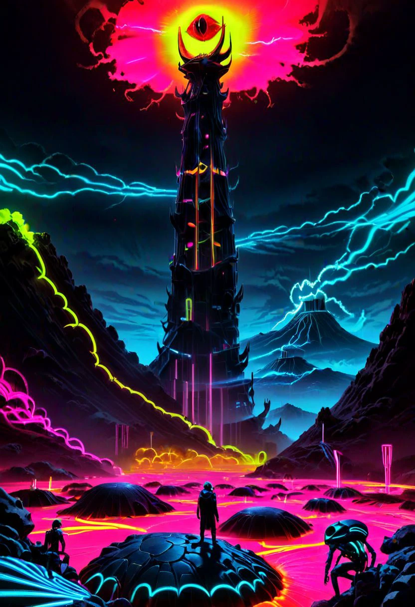 ((masterpiece, best quality)), high resolution, highly detailed, 32k picture,
scif SauronsTower perched on the edge of an active volcanic crater, lave, hot magma, high contrast with cool black pumice and basalt, inhuman, very alien environment, sci fi environment, neon_style