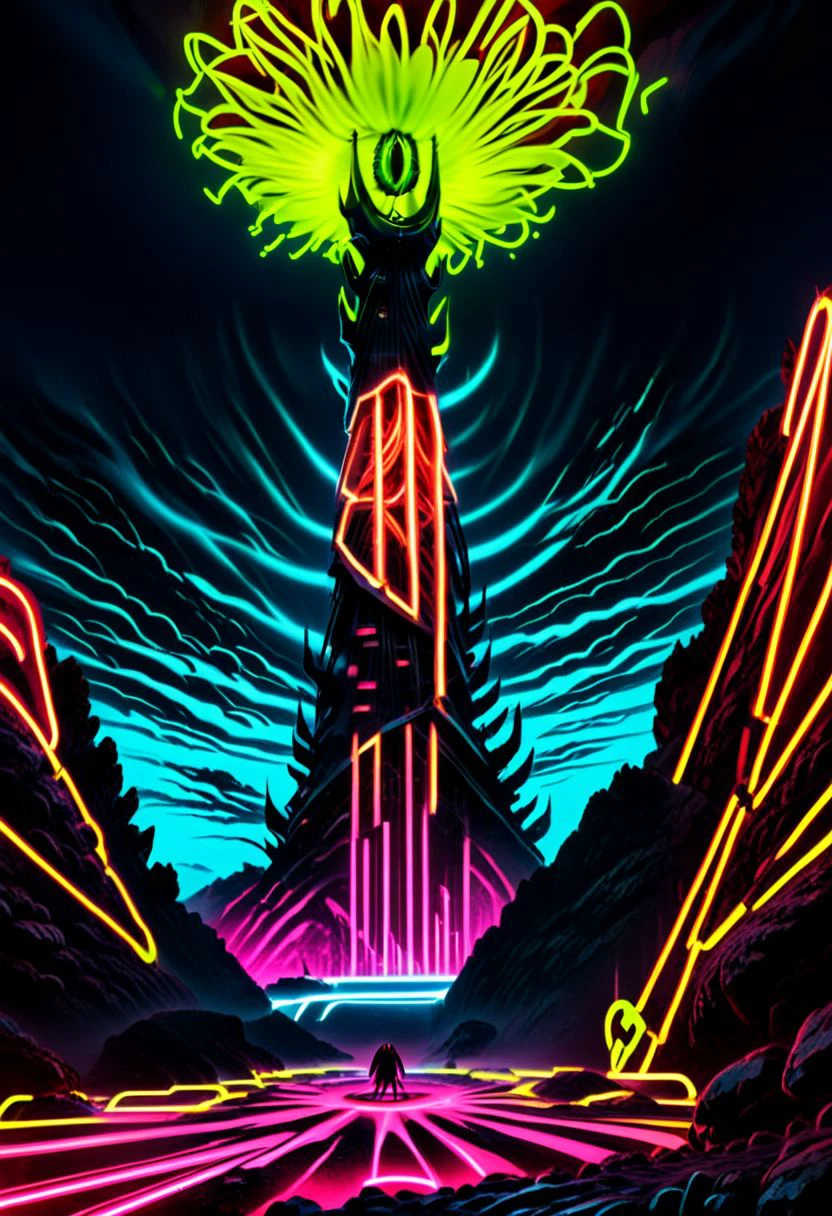 ((masterpiece, best quality)), high resolution, highly detailed, 32k picture,
scif SauronsTower perched on the edge of an active volcanic crater, lave, hot magma, high contrast with cool black pumice and basalt, inhuman, very alien environment, sci fi environment, neon_style