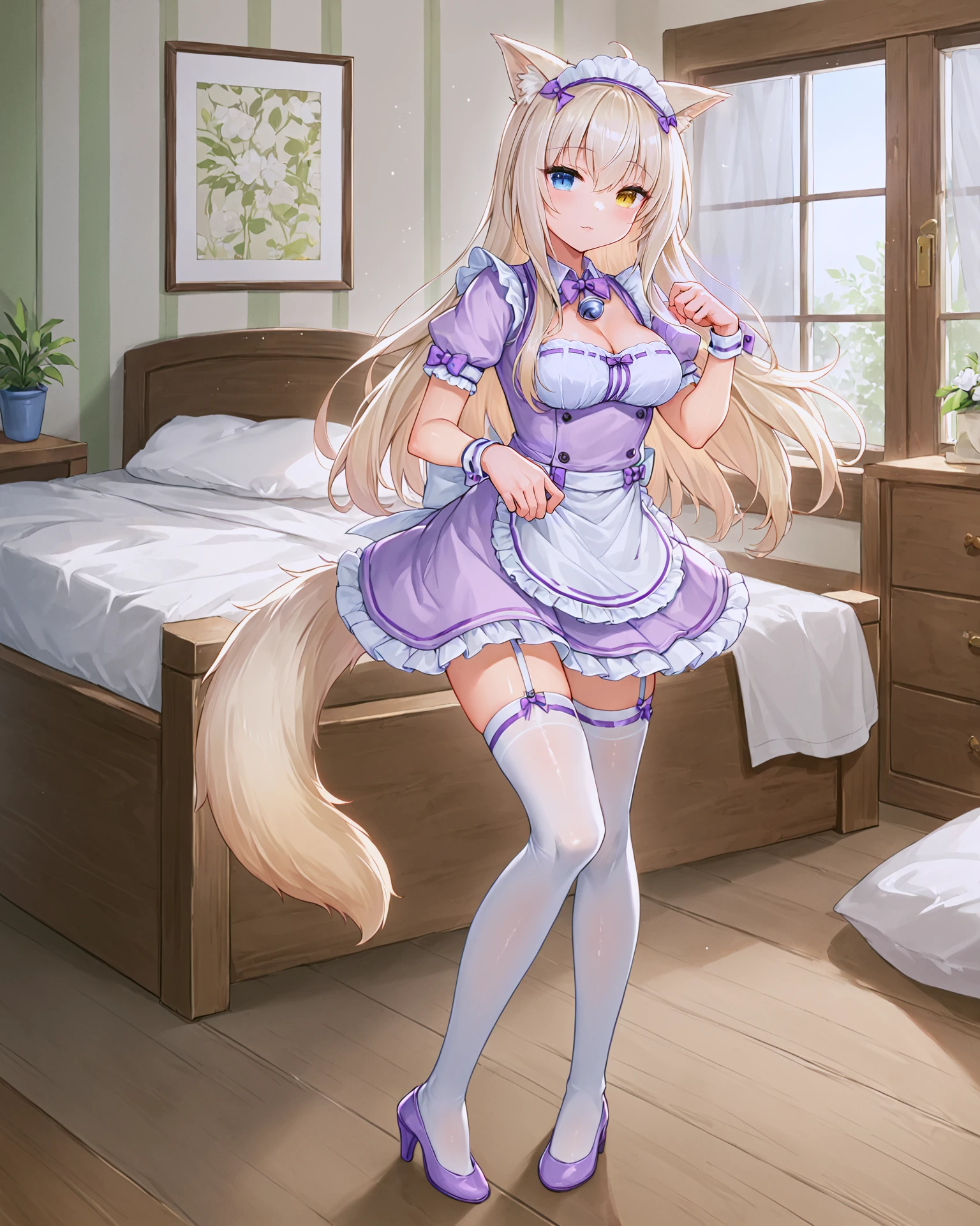 <lora:Neko_Coconut_XL:0.7> coconut, blonde hair, bangs, hair between eyes, ahoge, heterochromia, yellow eye, blue eye, cat girl, cat ears, cat tail, long hair, bow, ribbon, bell, neck bell, hair ribbon, hair ornament, maid headdress, (light purple dress:1.2), frills, cleavage, light purple sleeves, long sleeves, sleeves past wrists, puffy sleeves, wrist cuffs, puffy short sleeves, apron, waist apron, frilled apron, thighhighs, white thighhighs, fishnet legwear, shoes, high heels, light purple footwear,, <lora:9_Detail_Tweaker_XL:0.8>, score_9, score_8_up, score_7_up, source_anime, masterpiece, best quality, highly detailed background, cinematic lighting, detailed eyes, perfect face,, lazy, teenager room, messy, bedroom, bed sheet, closet,