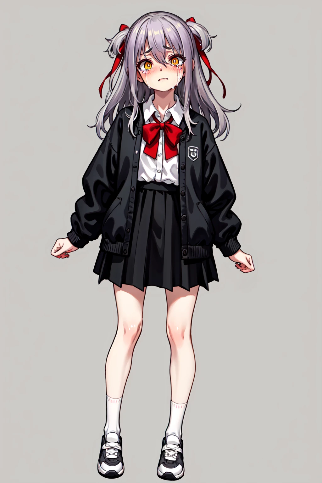 (masterpiece, best quality:1.2),
1girl, teenage, solo, facing viewer, petite
((white hair)), (grey hair), two side up, red hair ribbon,
collared shirt, long sleeves, black skirt,
white sneakers, grey socks, (white socks), bare legs,
facing viewer, (full body),
simple background, two-tone background, grey background,standing,
depth of field, blurry background,
<lora:ASYLJ77-2-000014:0.5>