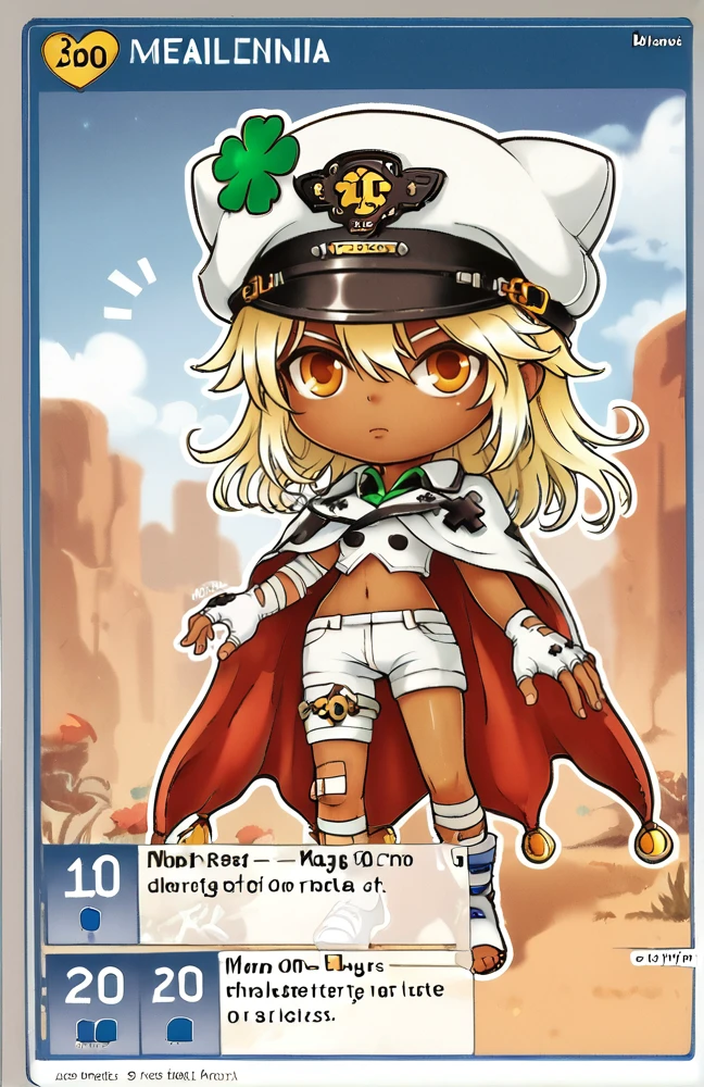 score_9, score_8_up, score_7_up, <lora:Maplestory_iTCG:1> maplestory_itcg, (card (medium)),full body, chibi, solo, 1girl, solo, english text, (blue border:1), straight border, <lora:Expressive_H-000001:1> Expressiveh  <lora:guiltygear_strive_ramlethal_ponyXL:1> striveramlethal, dark skin, orange eyes, hat, four-leaf clover, cape, white shirt, white gloves, fingerless gloves, white shorts, thigh strap, bandages, bandaged arm, bandaged leg, midriff