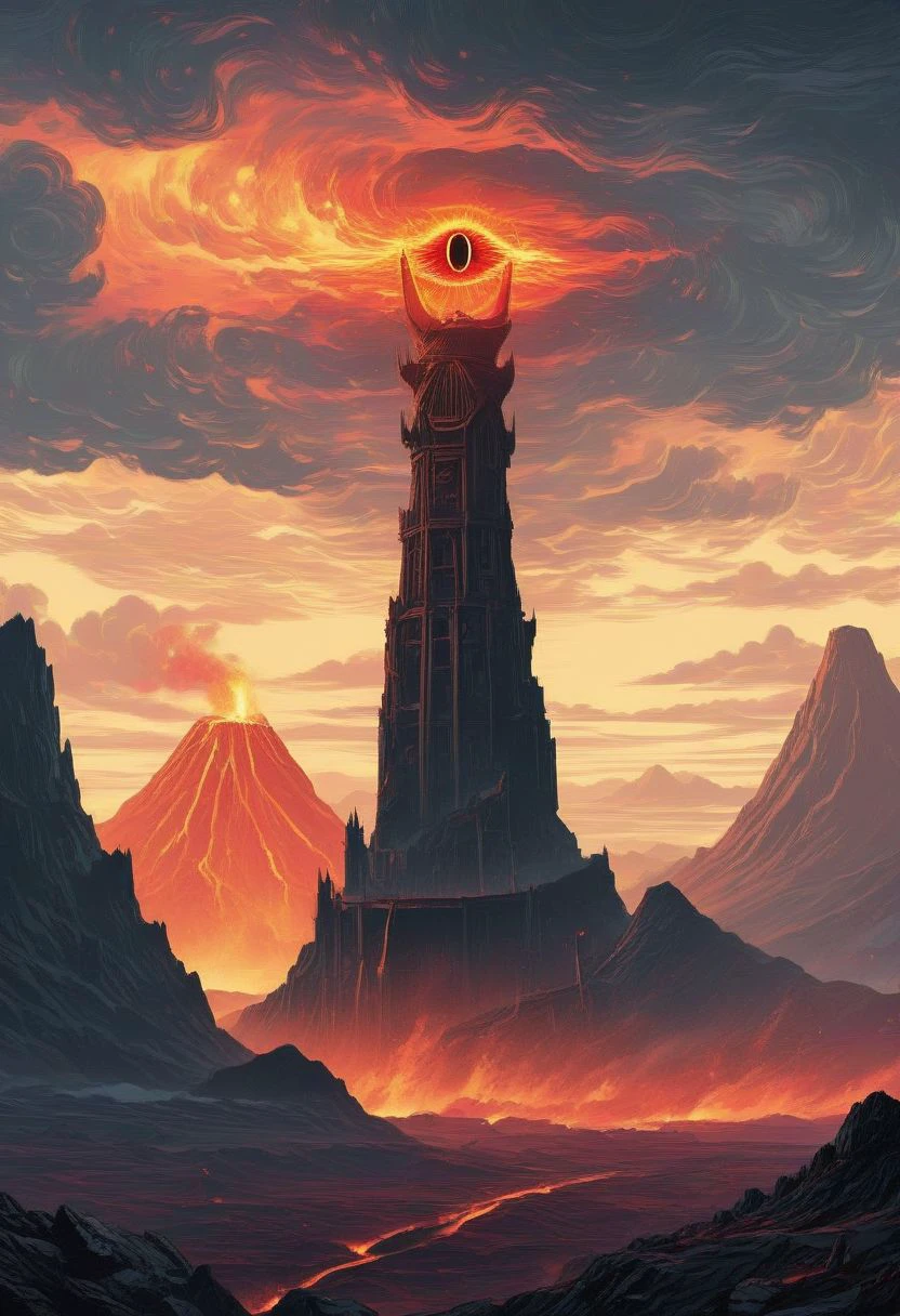 ((masterpiece, best quality)), high resolution, highly detailed, 32k picture, realistic, professional photo,    
cinematic, movie poster, flat colors, warm colors, SauronsTower, eye focus, big eye, cloud, cloudy sky, mountain range, volcano,