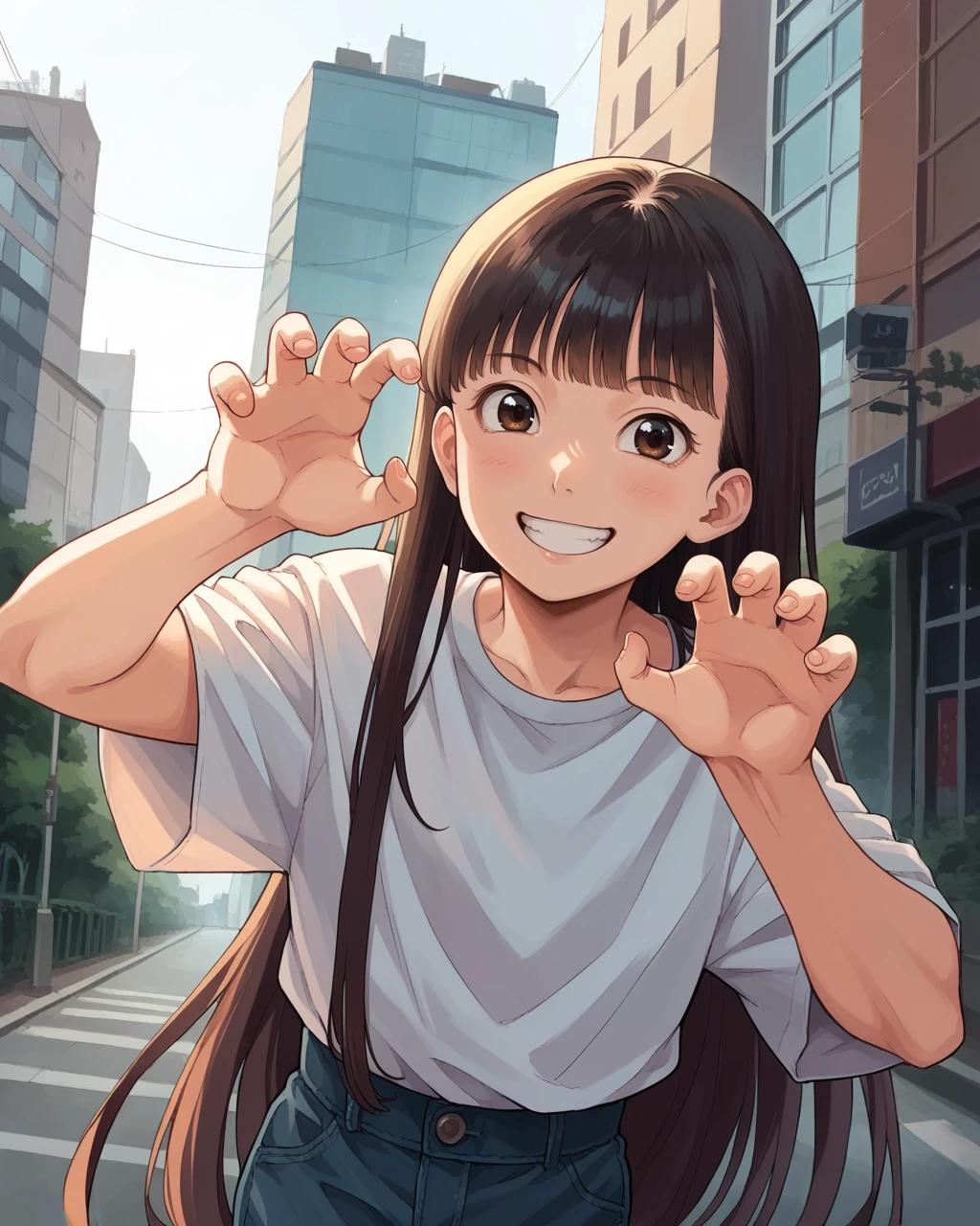 score_9, score_8_up, score_7_up, source_anime, solo, 1girl, , smile, very long hair, city, claw pose, anyannko, <lora:last-000001:1>