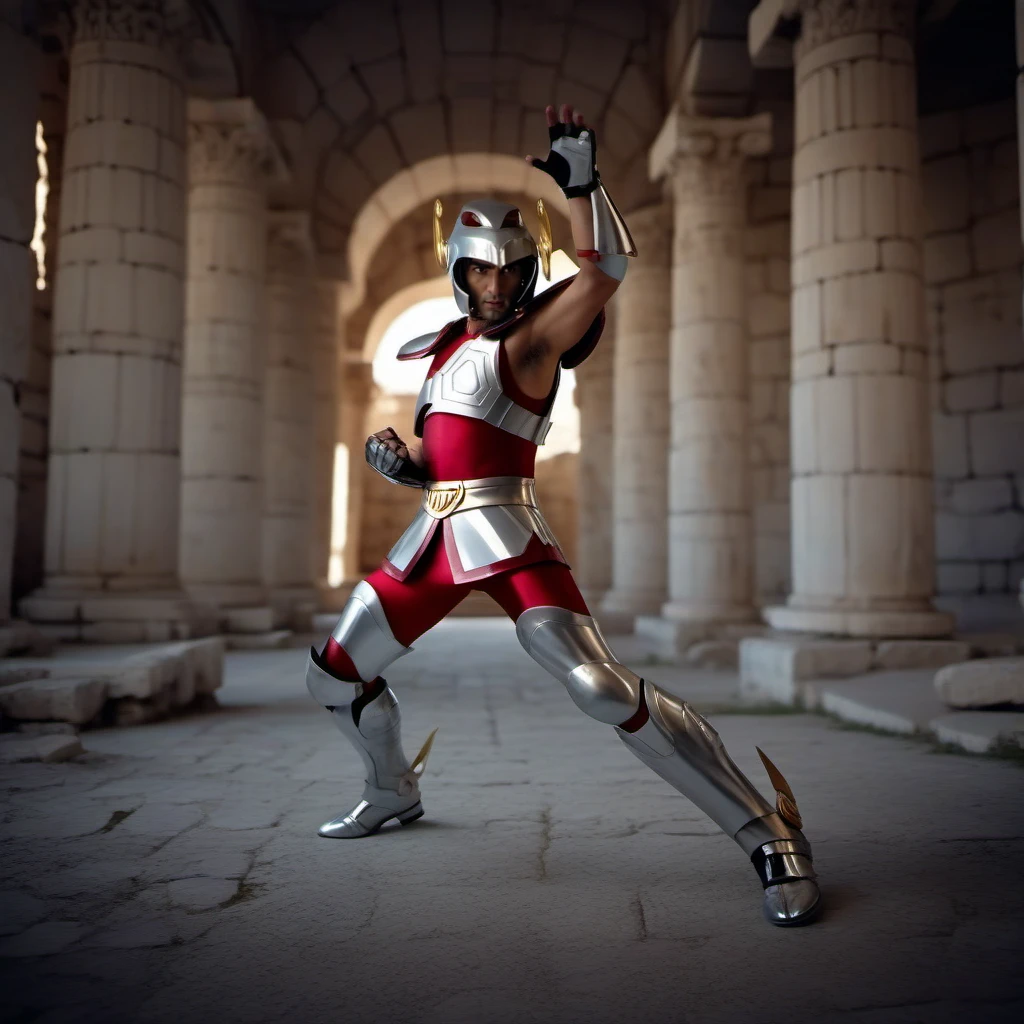 cinematic photo a realistic full body man facing the viewer wears a helmet and armor, greek antic temple background, casting a powerfull spell, energy, powerfull <lora:Seya1024:0.8> . 35mm photograph, film, bokeh, professional, 4k, highly detailed