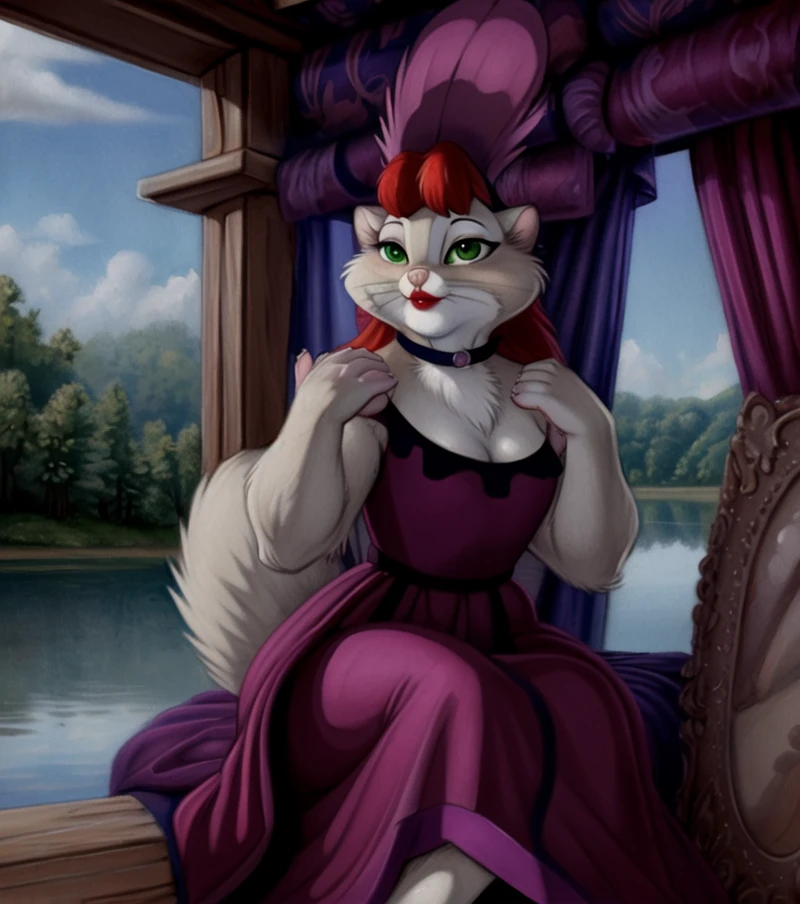 lake, realistic, female, miss kitty, dress, collar, green eyes, red hair, lipstick, feather headwear, hands together, sitting, by jay naylor  <lora:MIssKitty-02-Polyfur-e040:1>