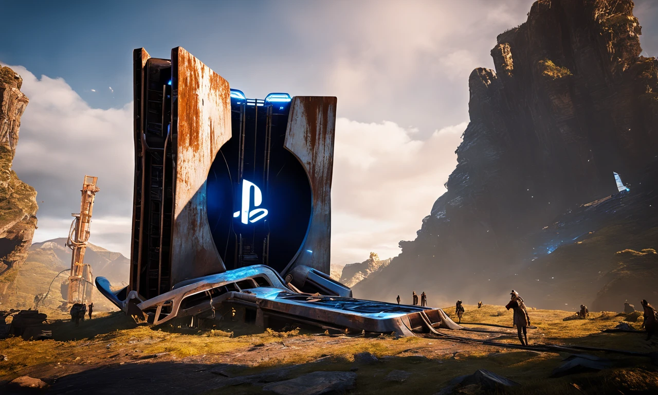 a giant PlayStation 5 structure lying in fantasy landscape, monolith, rusted steel, best quality, landscape, nature, masterpiece, intricate, highly detailed,  cinematic lights, <lora:abslandsdxl:0.9>, abslandsdxl