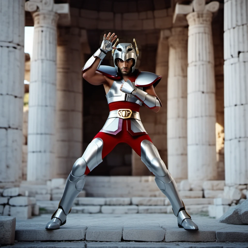 a realistic full body man facing the viewer wears a helmet and armor, greek antic temple background <lora:Seya1024:0.8>