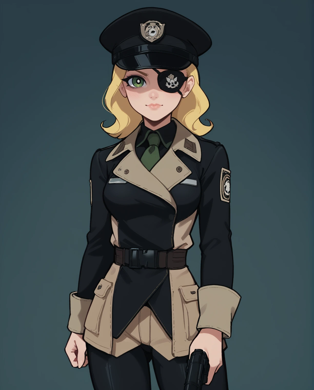 score_9, score_8_up, score_7_up, source_anime BREAK (1girl),cowboy shot, blonde hair, curly hair, hat, cap, peaked cap,eyepatch,holding gun,  green eyes, upper body, detailed eyes, enclaveuni,wearing uniform, in dark bunker,dark room, cinematic lighting, <lora:Fallout_-_Enclave_Officer_Uniform:0.7> <lora:powerpuff_girls_Kim_Crab_style:1>