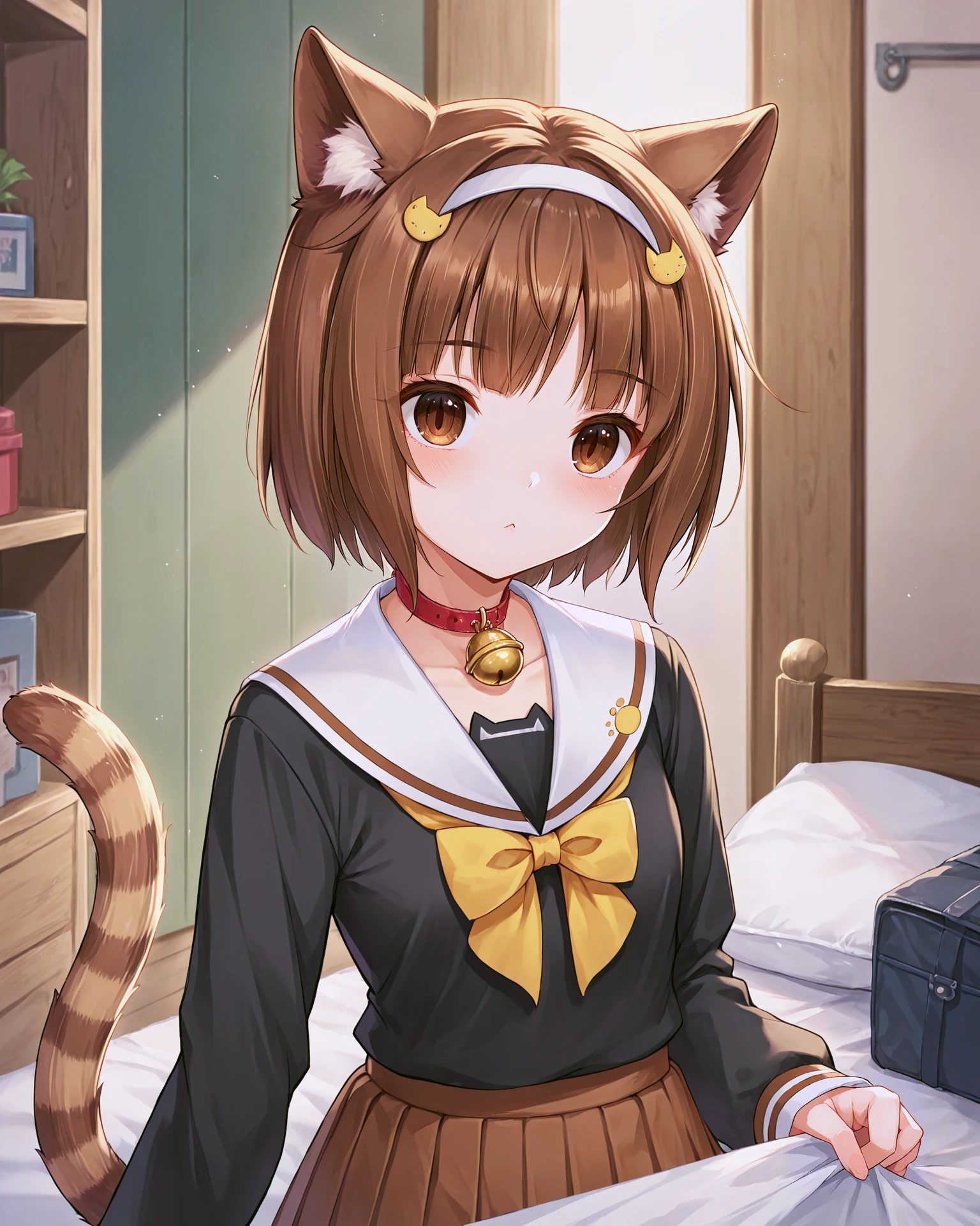 <lora:Neko_Azuki_XL:0.7> azuki, brown hair, bangs, brown eyes, cat girl, cat ears, cat tail, striped tail, short hair, bow, collar, choker, bell, hairband, hair ornament, school uniform, shirt, black shirt, long sleeves, skirt, pleated skirt, brown skirt, upper body,, <lora:9_Detail_Tweaker_XL:0.8>, score_9, score_8_up, score_7_up, source_anime, masterpiece, best quality, highly detailed background, cinematic lighting, detailed eyes, perfect face,, lazy, teenager room, messy, bedroom, bed sheet, closet,