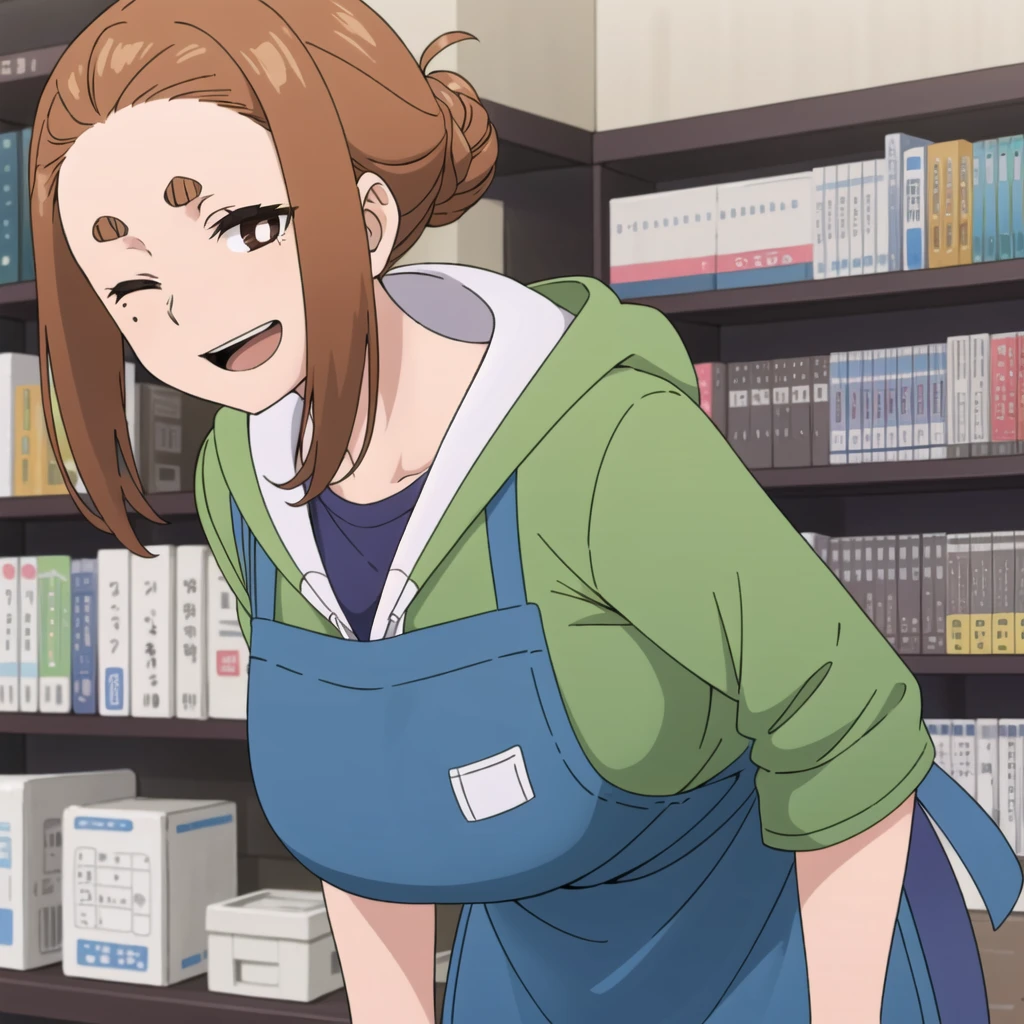<lora:ogawa:0.75> ogawa, 1girl, solo, breasts, looking at viewer, smile, open mouth, large breasts, shirt, sidelocks, one eye closed, indoors, hood, hair bun, mole, apron, mole under eye, hoodie, leaning forward, single hair bun, thick eyebrows, hood down, mature female, bookshelf, shelf, blue apron, green apron