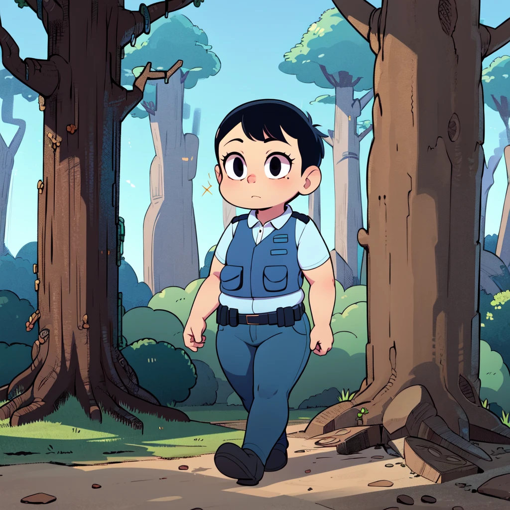 1girl, solo, MissOfficer,  black eyes, short hair,  black hair, chubby, short sleeves,  collared shirt, blue vest, belt, pants,<lora:Miss_Officer_Leaf2:0.8>, short sleeves,  collared shirt, blue vest, belt, pants,   forest,   walking,