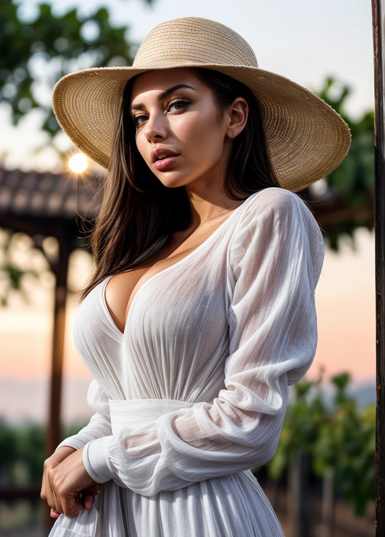 Isabela Merced, walking in a wineyard, long summerdress, propeller cap, (big breasts:1.3), (skin texture:1.1), (high detail face:1.1),high detail body, high detail clothes, (masterpiece), (realistic), ultra high definition, 4k, ultra high resolution, film grain, cinematic lighting, rim lighting, photo by Arny Freytag, RAW image