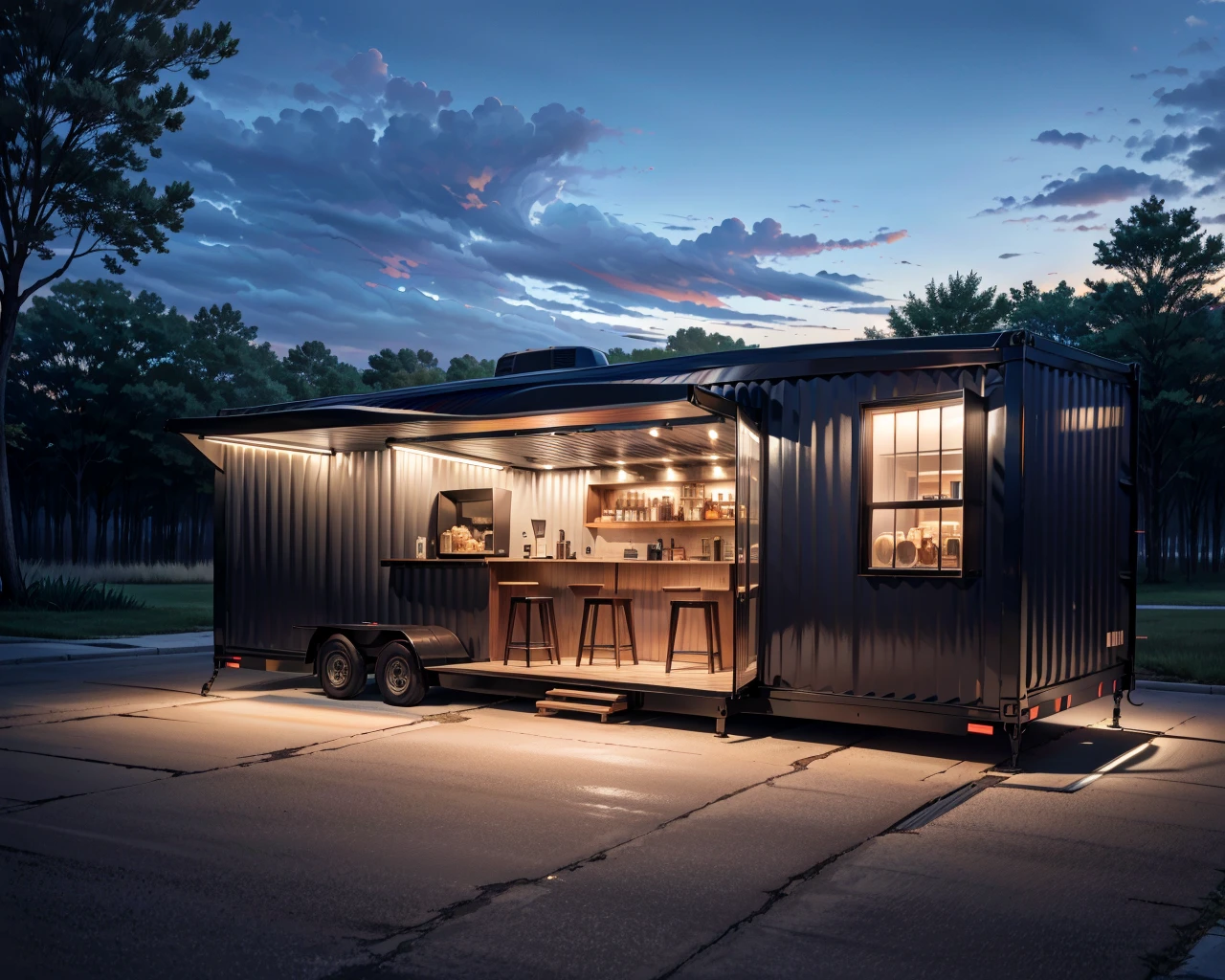 best quality,masterpiece,highly detailed,ultra-detailed, 
 <lora:neg9V2_last:0.5>food truck, 
 <lora:Containerhouse:1>containerhouse, scenery, no humans, outdoors, <lora:cartoonisationer-V4-8:0.75><lora:cartoonisationer:0.75> <lora:cartoonisationer-21st_ce:1.25>