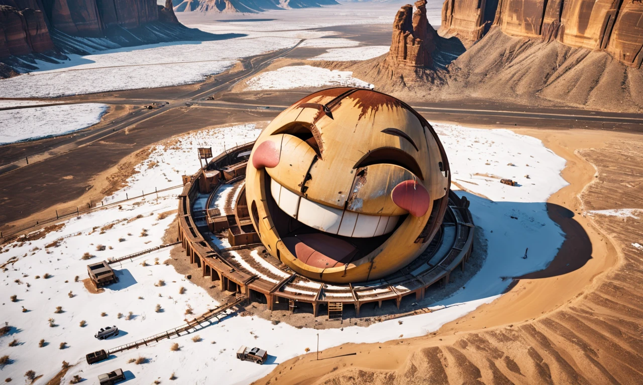 a gigantic laughing emoji structure lying in the desert,  best quality, rust,  landscape, nature, masterpiece, intricate, highly detailed,  cinematic lights, <lora:abslandsdxl:0.9>, abslandsdxl, snow,