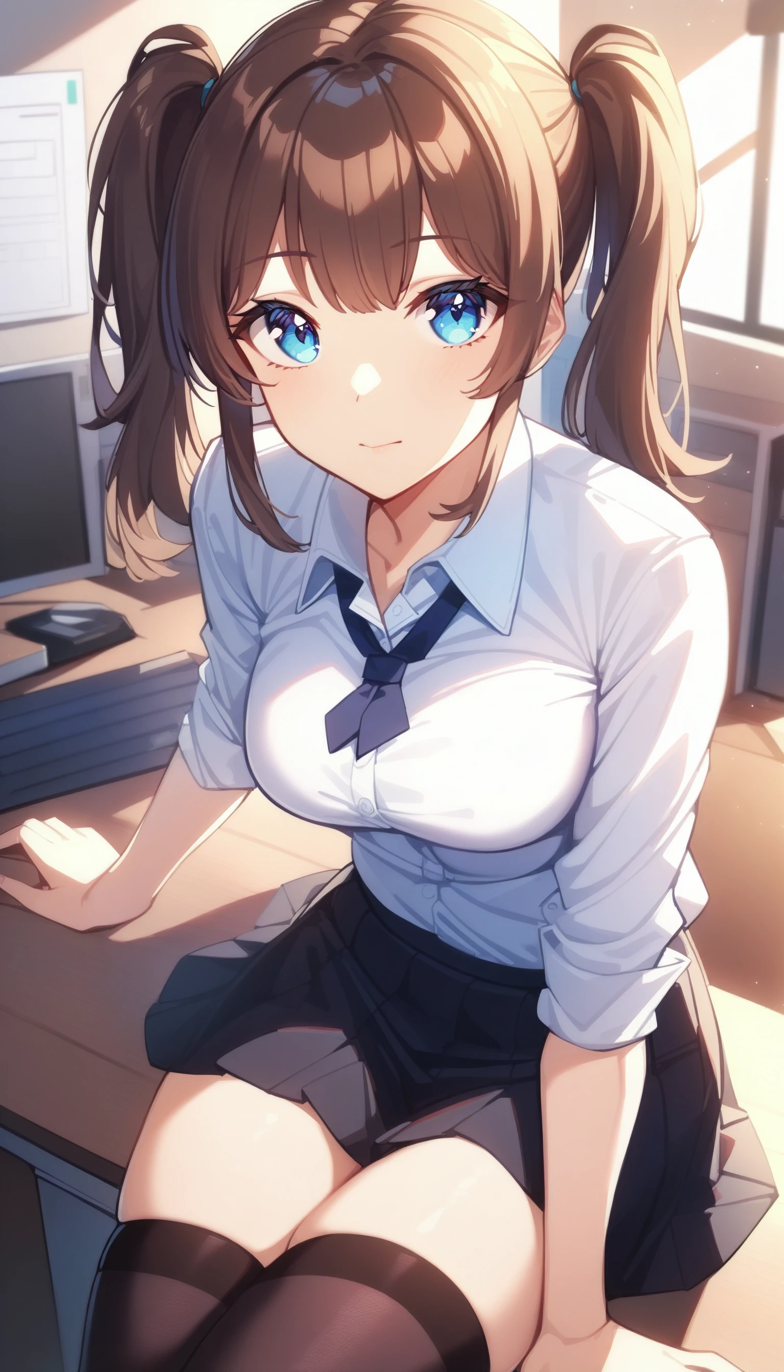 1girl, blue eyes, breasts, brown hair, collared shirt, indoors, long hair, medium breasts, short twintails, skirt, solo, thighhighs