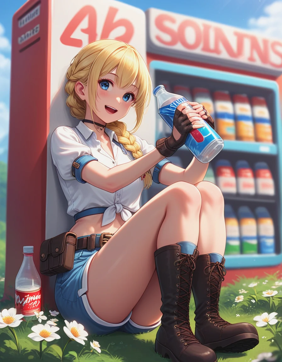 (score_9, score_8_up, score_7_up, score_6_up, score_5_up, score_4_up),1girl,lammis-jihanki,1other,arm_support,armor,belt_pouch,blonde_hair,blue_eyes,blue_shorts,blue_sky,blurry,blurry_foreground,blush,boots,bottle,braid,braided_ponytail,choker,cloud,collared_shirt,cover_image,crop_top,cross-laced_footwear,day,fingerless_gloves,flower,gloves,holding,holding_bottle,knees_up,lace-up_boots,long_hair,looking_at_viewer,midriff,nature,on_grass,open_mouth,outdoors,pouch,red_footwear,red_gloves,round_teeth,shirt,short_shorts,shorts,shoulder_armor,single_thighhigh,sitting,sky,smile,teeth,thighhighs,thighs,tied_shirt,upper_teeth_only,(vending_machine),white_shirt,<lora:lammis-jihanki-xl:1>,