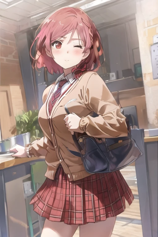 akane sakumori, 1girl, solo, looking at viewer, blush, short hair, skirt, brown hair, shirt, red eyes, long sleeves, school uniform, pink hair, braid, red hair, pleated skirt, one eye closed, necktie, bag, plaid, red skirt, plaid skirt, cardigan, red necktie, side braid, school bag