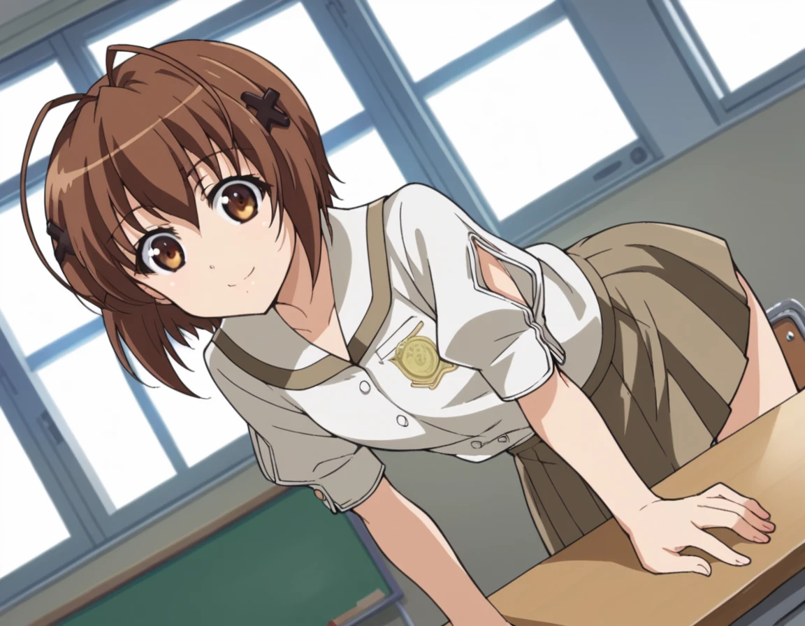 score_9, score_8_up, score_7_up, source_anime,
akiramatsume, <lora:akira-matsume-s1-ponyxl-lora-nochekaiser:1>,
akira matsume, short hair, brown hair, hair ornament, brown eyes, antenna hair, x hair ornament,
skirt, shirt, school uniform, short sleeves, pleated skirt, puffy sleeves, buttons,
indoors, classroom, smile, bent over,
looking at viewer, cowboy shot, solo, dutch angle,