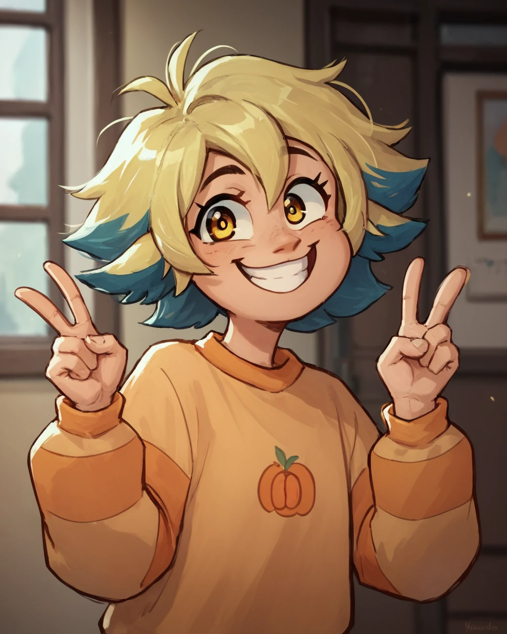 score_9, score_8_up, score_7_up, score_6_up, <lora:Vee_The_Owl_House:0.8>,veetoh, orange sweater,striped sleeves, yellow eyes, multicolored hair, blue hair, blonde hair, upper body, normalvee, peace sign, looking at viewer, smile, happy