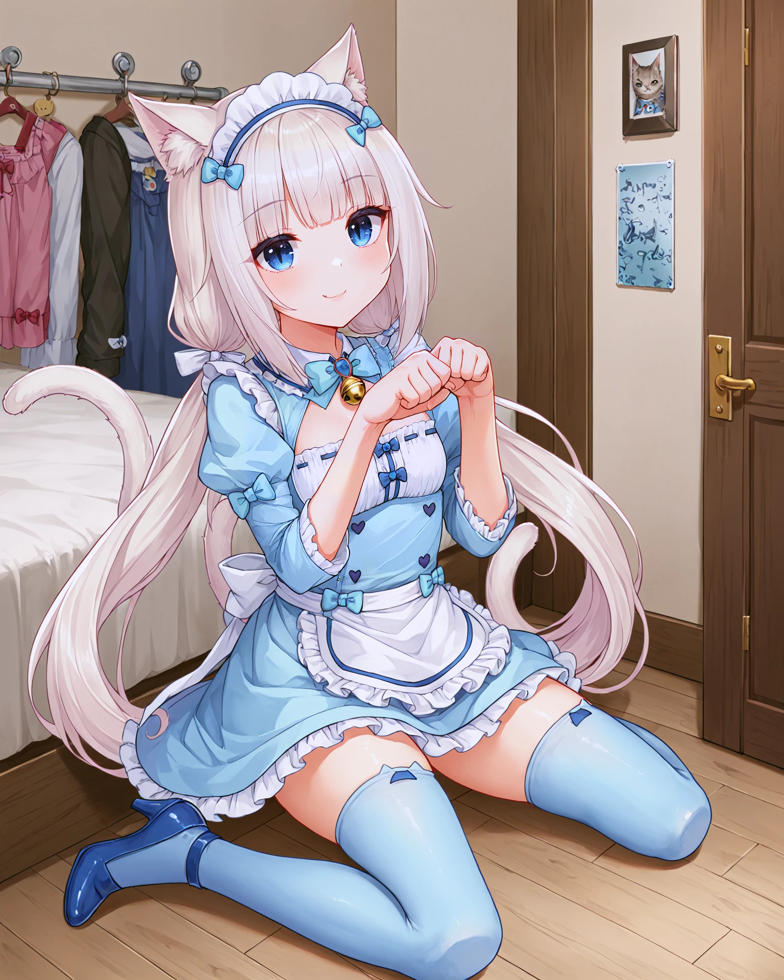 <lora:Neko_Vanilla_XL:0.7> vanilla, blue eyes, white hair, bangs, blunt bangs, cat girl, cat ears, cat tail, long hair, twintails, very long hair, bow, ribbon, bell, neck bell, hair ribbon, hair ornament, maid headdress, (light blue dress:1.2), frills, cleavage, blue sleeves, long sleeves, sleeves past wrists, puffy sleeves, wrist cuffs, puffy short sleeves, apron, waist apron, frilled apron, thighhighs, blue thighhighs, cat ear legwear, shoes, high heels, blue footwear, sitting, paw pose, :3, cat mouth, cat smile,, <lora:9_Detail_Tweaker_XL:0.8>, score_9, score_8_up, score_7_up, source_anime, masterpiece, best quality, highly detailed background, cinematic lighting, detailed eyes, perfect face,, lazy, teenager room, messy, bedroom, bed sheet, closet,