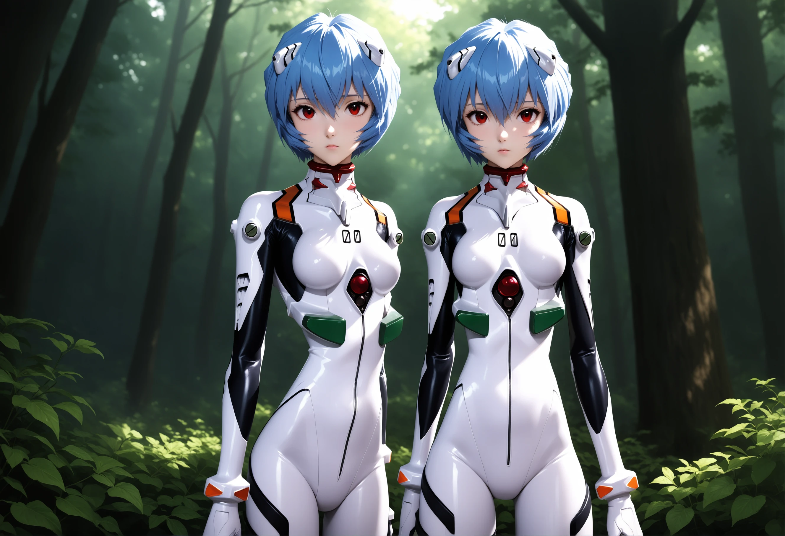 masterpiece, best quality, very aesthetic, ultra detailed, intricate details, 4k, anime style,
LatexRei, 2girls, blue hair, short hair, bangs, red eyes, breasts, small breasts, hair between eyes,
gloves, bodysuit, turtleneck, pale skin, breasts apart, pilot suit, bracer, plugsuit, white bodysuit, skinny, interface headset, ayanami rei, neon genesis evangelion,
cowboy shot, looking at viewer, forest, outdoors, tree, sunlight, cloudy, <lora:Rei_XL:1>