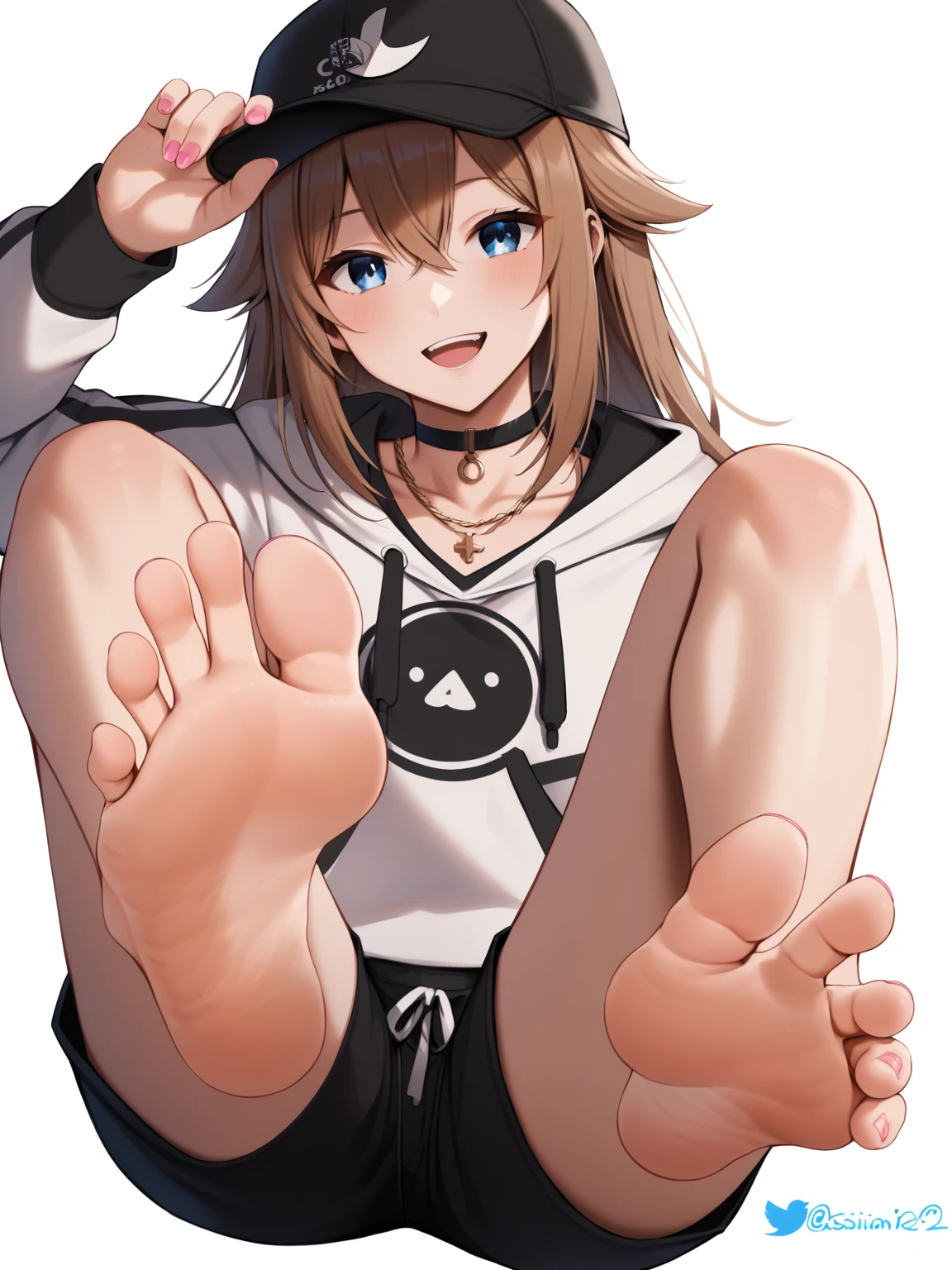 score_9, score_8_up, score_7_up, score_6_up, score_5_up, score_4_up, source_anime, <lora:casinep_style-ponyxl-v10h:1> , 1girl, solo, casinep style, looking at viewer, barefoot, feet, toes, soles, legs, smile, bare legs, foot focus, foreshortening, long hair, thighs, full body, open mouth, hair between eyes, jewelry, twitter username, :d, long sleeves, nail polish, teeth, presenting foot, toenail polish, collarbone, sidelocks, simple background, blue eyes, white background, shorts, feet up, hat, legs up, brown hair, short shorts, necklace, spread toes, black shorts, choker, hood, hoodie, pink nails, black headwear, hood down, arm up, hair flaps, outstretched arm, reaching towards viewer, toe scrunch, baseball cap, black hoodie, white hoodie, drawstring, hand on headwear, knees together feet apart