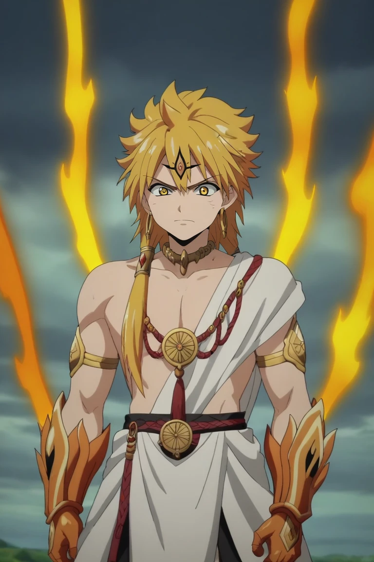 score_9, score_8_up, score_7_up, source_anime, anime screencap, , official style, , , , 1boy, solo, male focus, <lora:alibaba_saluja_pony:0.96>, alibaba_saluja, blonde hair, yellow eyes, long hair, djinn equip, fire, ,, islamic golden age, , <lora:sdxl_lightning_8step_lora:1>