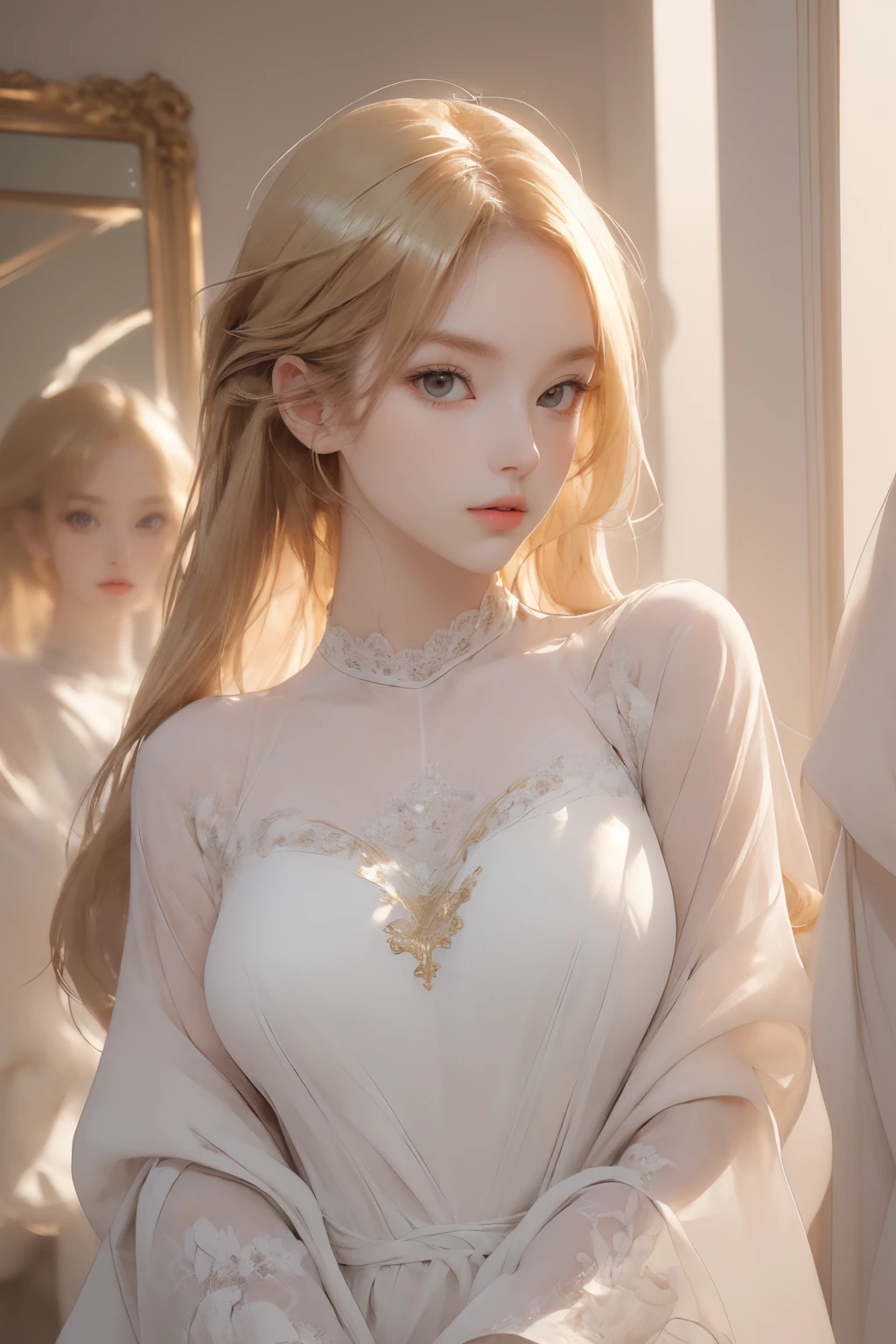 ((masterpiece, best quality)), (((masterpiece, best_quality, highest quality))), (perfect detail, perfect skin:1.2), original,extremely detailed 8K wallpaper,(an extremely delicate and beautiful),(detailed skin:1.3) , best quality:1.2, High definition, intricate details, finely detailed, beautiful detailed, high detailed skin, ((glossy skin)), shiny skin, (white skin:1.3), (pale skin:1.3),(natural light, ray tracing, volumetric light), (top quality), (golden-ratio face, perfect proportioned face, perfectly beautiful:1.3), (reflected diffuse light to face:1.3), parted lips, ((looking at viewer, eye contact)),((eye contact)), 1girl