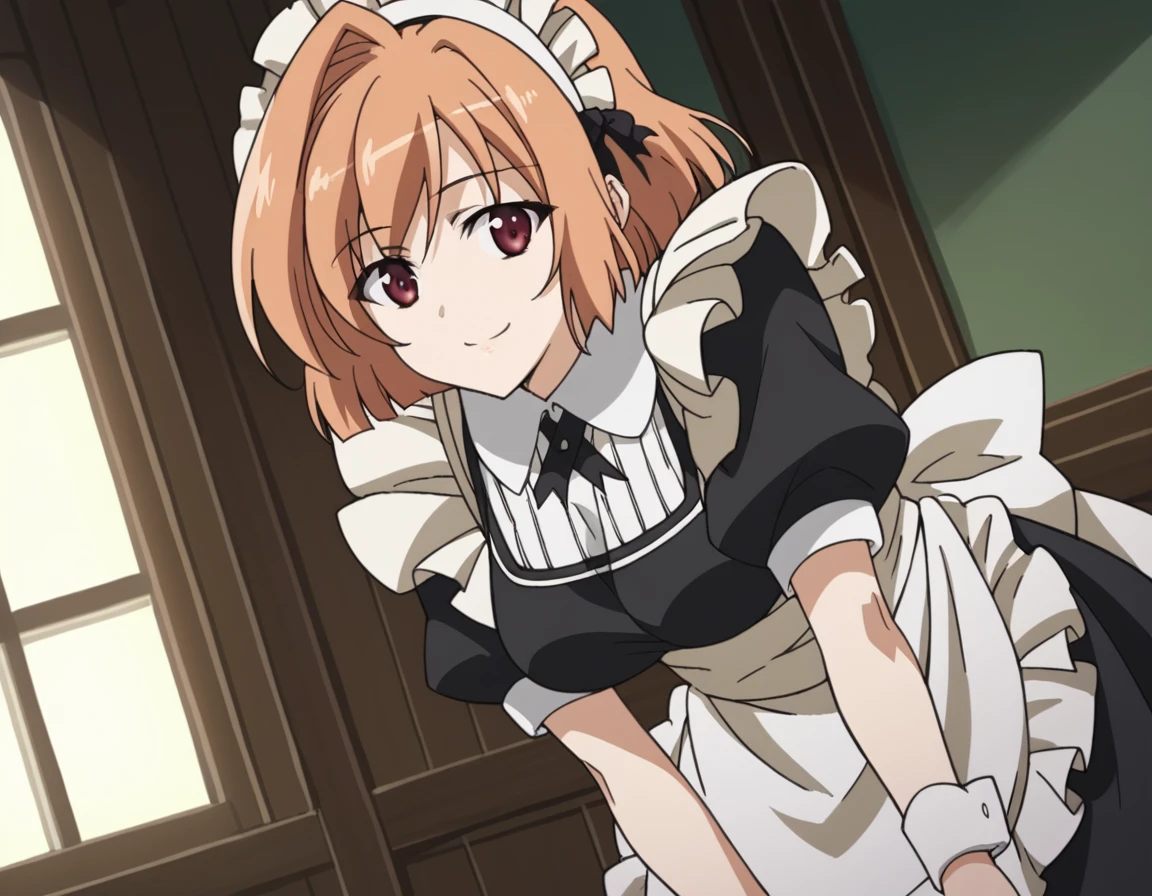 score_9, score_8_up, score_7_up, source_anime,
motokanogisaka, <lora:motoka-nogisaka-s1-ponyxl-lora-nochekaiser:1>,
motoka nogisaka, short hair, red eyes, orange hair,
dress, short sleeves, pantyhose, puffy sleeves, apron, black dress, wrist cuffs, maid, maid headdress, maid apron,
indoors, smile, bent over,
looking at viewer, cowboy shot, solo, dutch angle,