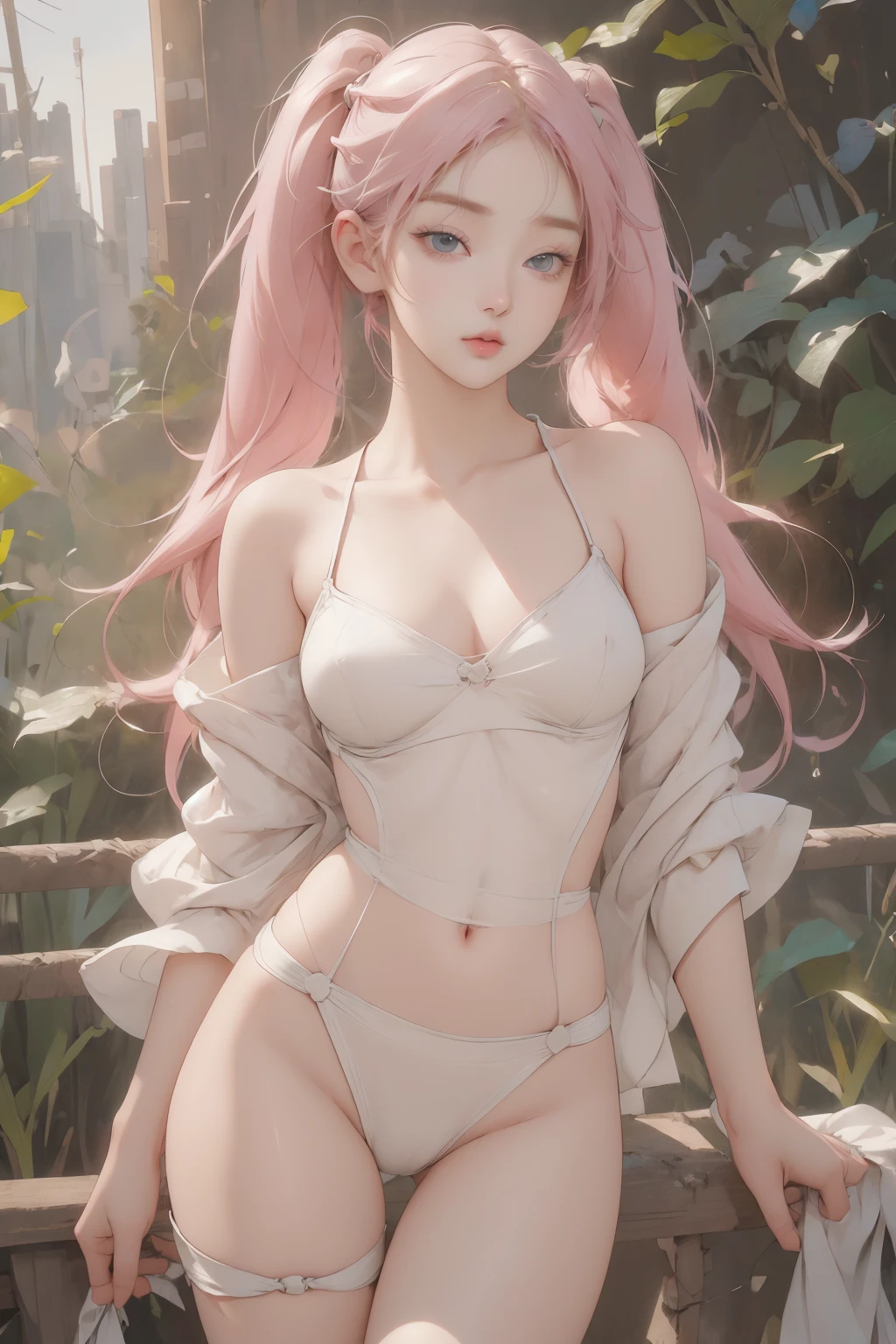 1girl,solo,medium breasts,outdoors,(cowboy shot:1.2),(thigh gap:1.3),(caution tape),bondage,pink hair,twintails, (8k, RAW photo, best quality, masterpiece:1.3),(realistic, photo-realistic:1.37),realistic skin texture,(photorealistic:1.3),(hyperrealistic:1.2), 1 cute girl,solo,( beautiful eyes:1.2),perfect face, (korean girl face:1.3), (k-pop idol face:1.3),