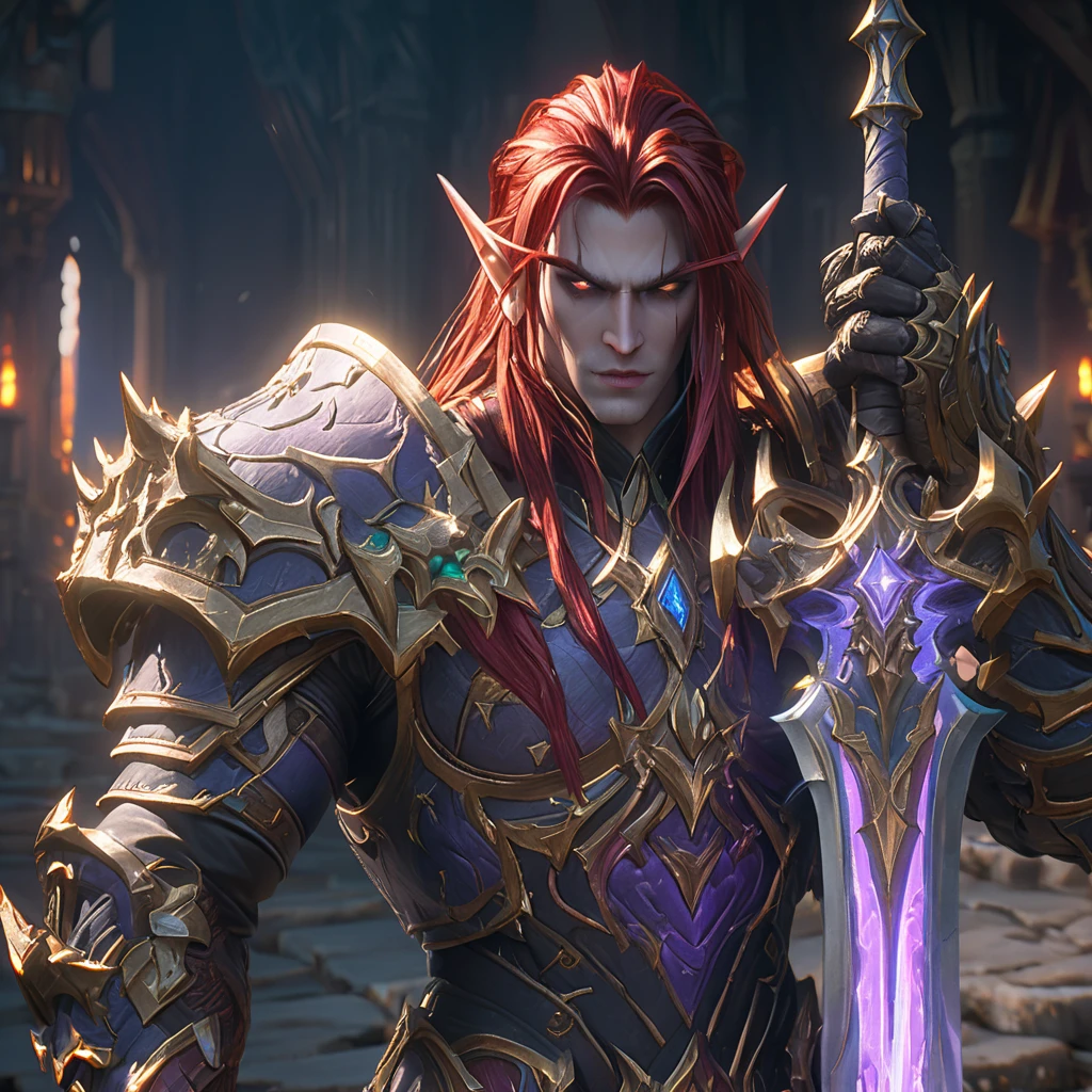 a close up cinematic shot of a male world of warcraft Night Elf wearing red and gold armor, beautiful red hair, red eyes, dungeon cellar in background, hkelf, HD, masterpiece, best quality, hyper detailed, ultra detailed