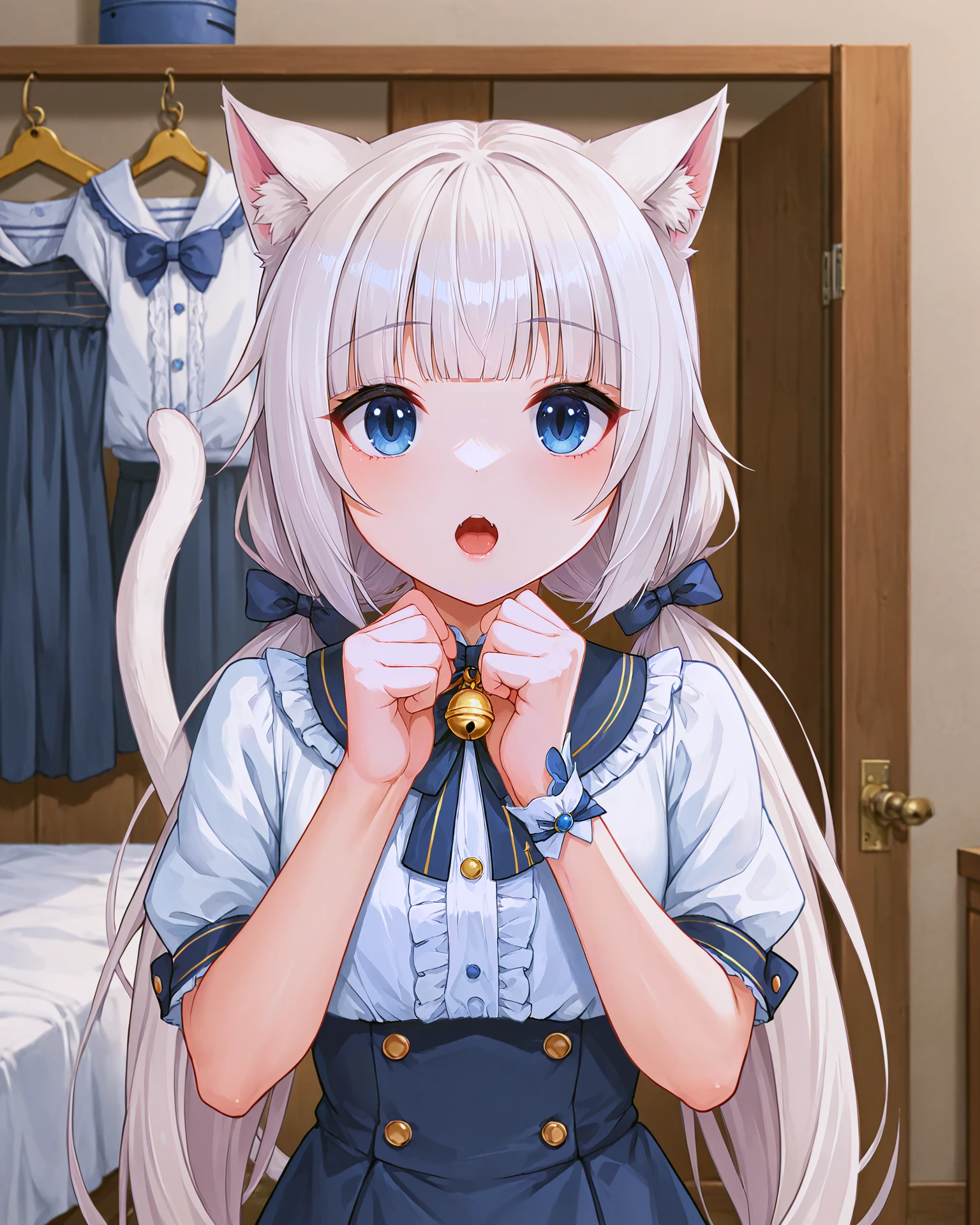 <lora:Neko_Vanilla_XL:0.7> vanilla, blue eyes, white hair, bangs, blunt bangs, cat girl, cat ears, cat tail, long hair, twintails, low twintails, very long hair, (hair ribbon:1.1), hair bow, bow, ribbon, bell, neck bell, (white top:1.1), gold buttons, dark blue dress, blue skirt, striped, pinstripe pattern, frills, wrist ribbon, (tail ornament:1.1), hands up, open mouth, upper body,, <lora:9_Detail_Tweaker_XL:0.8>, score_9, score_8_up, score_7_up, source_anime, masterpiece, best quality, highly detailed background, cinematic lighting, detailed eyes, perfect face,, lazy, teenager room, messy, bedroom, bed sheet, closet,