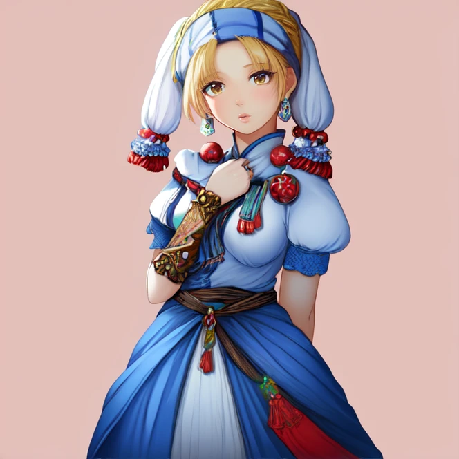 cowboy shot, solo, <lora:elenaGrandia2:0.95>, elena_grandia, blonde hair, jewelry, brown eyes, short hair, earrings, head scarf, white shirt, high collar, puffy sleeves, bracers, short sleeves, blue pants, (pink cloth ornaments:1.2), red baubles, black sash, simple background, highres, Digital art, trending on artstation, best quality, insanely detailed, masterpiece, stunning environment, wide-angle,