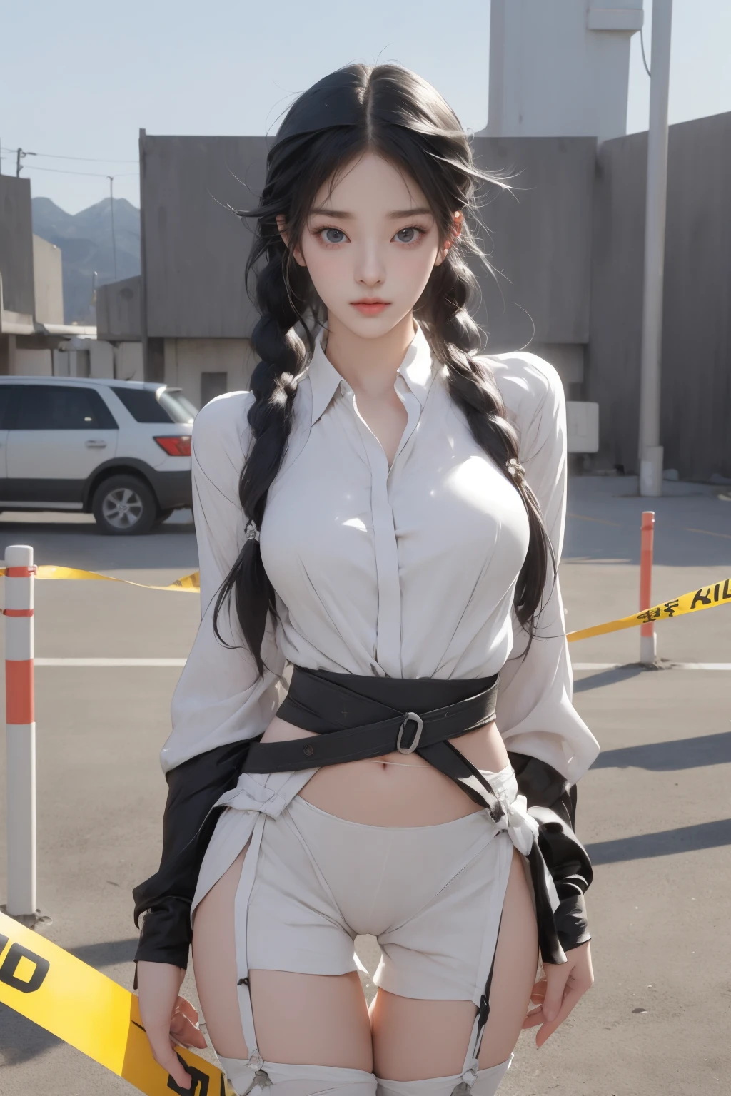 1girl,solo,medium breasts,outdoors,(cowboy shot:1.2),(thigh gap:1.3),(caution tape),bondage,black hair,twintails, (8k, RAW photo, best quality, masterpiece:1.3),(realistic, photo-realistic:1.37),realistic skin texture,(photorealistic:1.3),(hyperrealistic:1.2), 1 cute girl,solo,( beautiful eyes:1.2),perfect face, (korean girl face:1.3), (k-pop idol face:1.3),
