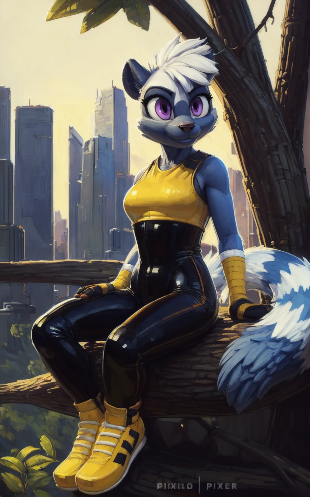 8k,4k,((Best quality, masterpiece, ultra high resolution)),((full body, by pixelsketcher)),  <lora:TangleTheLemur:0.7>,TangleTheLemur, furry female, furry, gloves, tail, animal ears, fingerless gloves,purple eyes, short hair, shoes,animal nose,white hair,bodysuit, bandages, yellow footwear, skin tight,blue fur, black bodysuit, Sleeveless,(yellow crop top),sitting on a tree branch, city,sci-fi