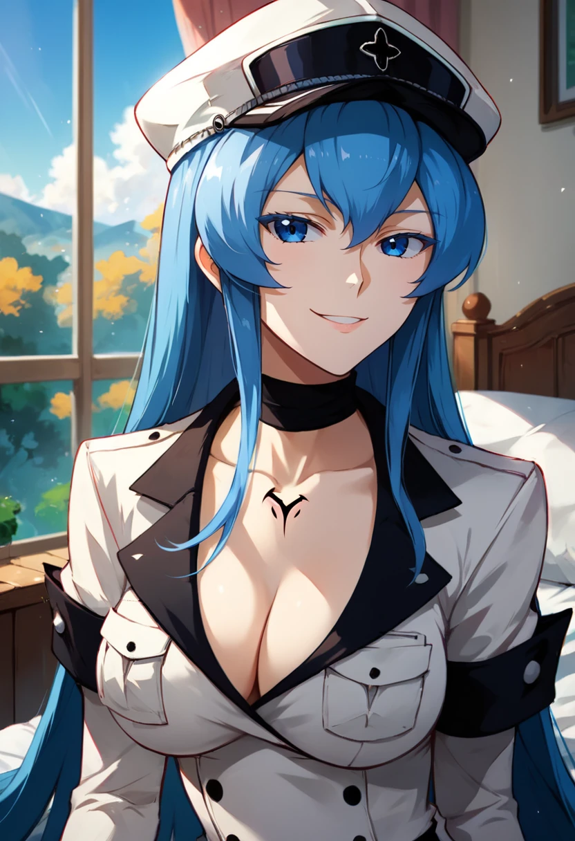 masterpiece,best quality, highly detailed, score_9, score_8_up, score_7_up, score_6_up,<lora:xl_more_art-full_v1:0.8>,source_anime,<lora:lightXL:0.8>neolight,room,window, park,blurry background,sun light,bed
BREAK
 <lora:esdeathXL:0.8>esdeath,1girl, solo, hat, uniform, long hair, blue eyes, military, blue hair, military uniform, peaked cap, breasts, looking at viewer, cleavage, tattoo, smile