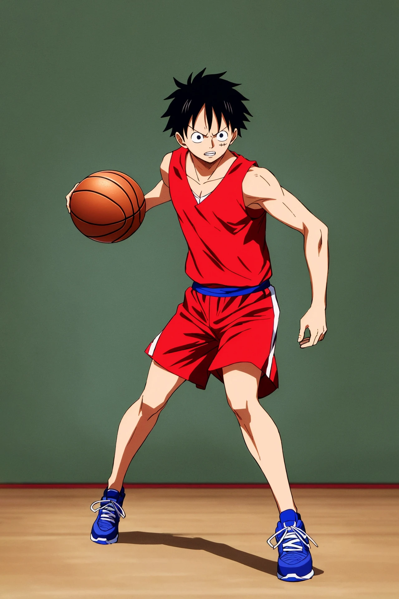 monkey d. luffy,1boy,solo,full body,basketball,front view,strong,scar,