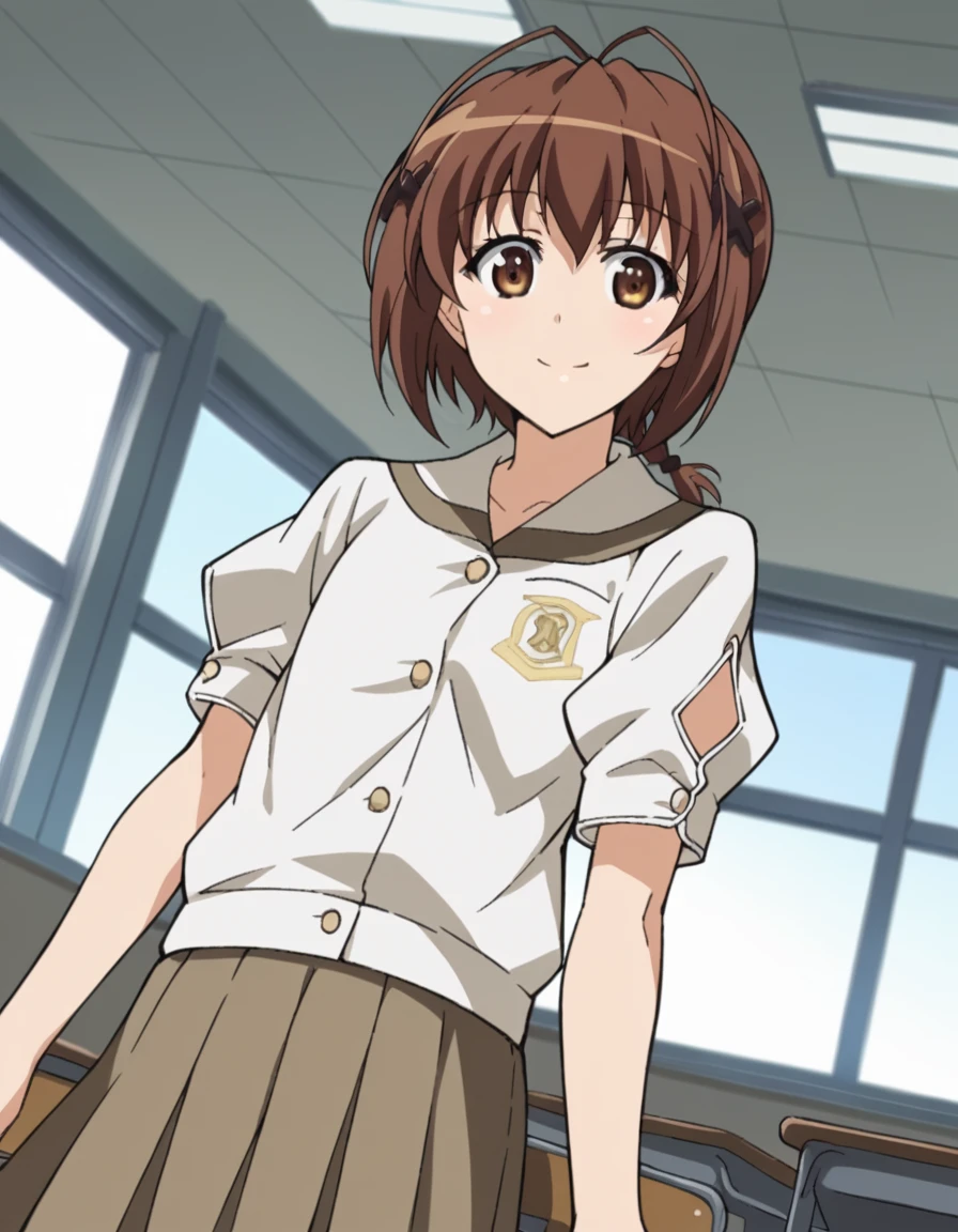 score_9, score_8_up, score_7_up, source_anime,
akiramatsume, <lora:akira-matsume-s1-ponyxl-lora-nochekaiser:1>,
akira matsume, short hair, brown hair, hair ornament, brown eyes, antenna hair, x hair ornament,
skirt, shirt, school uniform, short sleeves, pleated skirt, puffy sleeves, buttons,
indoors, classroom, smile,
looking at viewer, cowboy shot, solo, dutch angle,