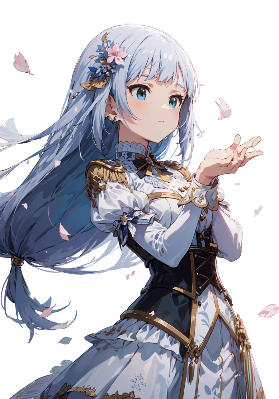 tsumugi shiraishi (million live), low-tied long hair, hair ornament, (best quality, 8K, masterpiece, ultra detailed:1.2), cinematic angle, colourful paint splashes on background, sparkle, light particles, warrior, corset, 1girl, solo, earring, standing, cool, floating petals, hair ornament,