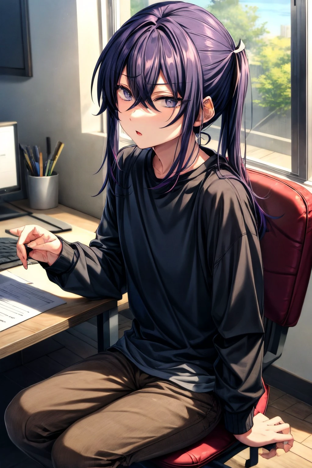 (masterpiece), best quality, expressive eyes, perfect face,souma_k, shirt, hair between eyes, sitting, pants, indoors, window, chair, brown pants, <lora:more_details:0.7>, <lora:GoodHands-beta2:0.7>, <lora:57b464ab-0556-4993-8fd2-c1f58c46a3dd:0.7>