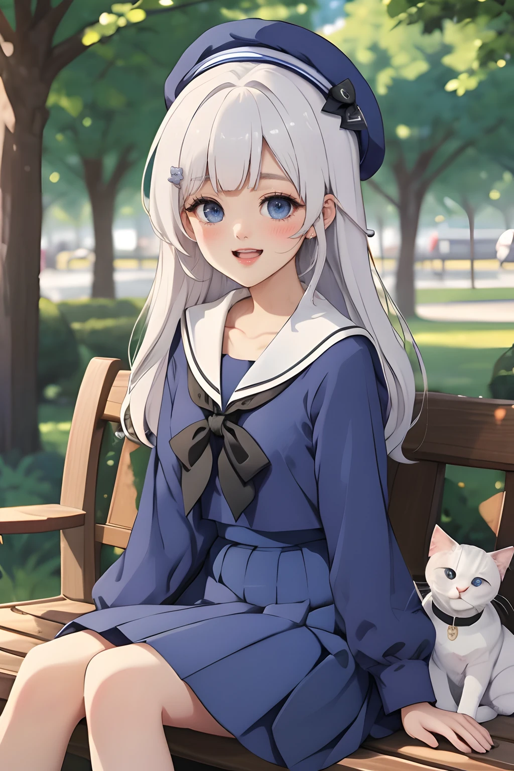 masterpiece,best quality,(shiny skin:1.3),1girl, solo, long hair, looking at viewer, blush, smile, open mouth, bangs, blue eyes, skirt, shirt, hair ornament, long sleeves, hat, dress, bow, sitting, very long hair, school uniform, purple eyes, collarbone, white hair, pleated skirt, outdoors, serafuku, day, hairclip, puffy sleeves, sailor collar, bag, tree, blue skirt, black bow, feet out of frame, blue dress, heterochromia, animal, beret, cat, blue shirt, hat bow, blue headwear, puffy long sleeves, sailor dress, white sailor collar, shoulder bag, on lap, white cat, blue serafuku, petting