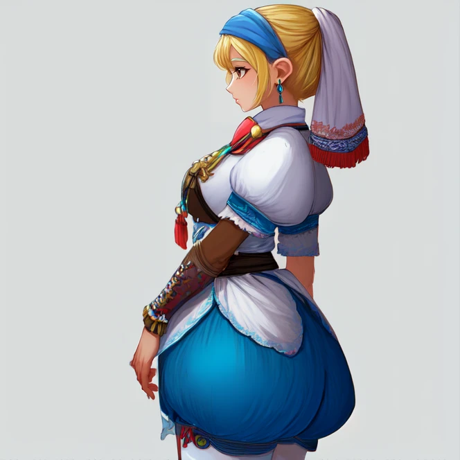 cowboy shot, solo, <lora:elenaGrandia2:0.9>, elena_grandia, blonde hair, jewelry, brown eyes, short hair, earrings, head scarf, white shirt, high collar, puffy sleeves, bracers, short sleeves, knee-length shorts, shorts, blue shorts, black sash, pink ribbon, bare shins, from side, side profile, simple background, highres, Digital art, trending on artstation, best quality, insanely detailed, masterpiece, stunning environment, wide-angle,