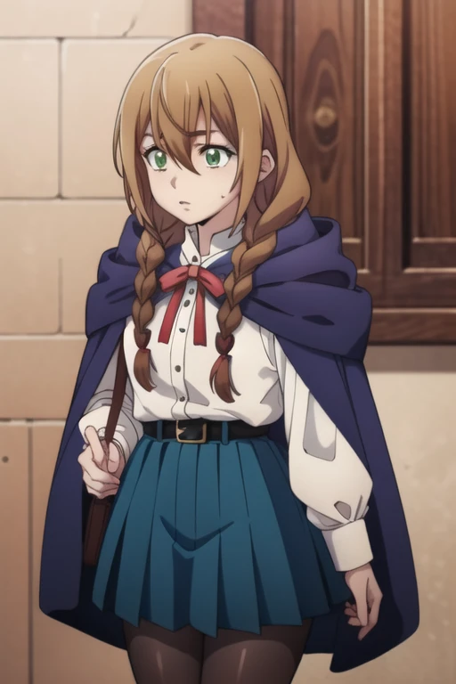 yuno, yuno, brown hair, green eyes, long hair, hair between eyes, braid, twin braids, shirt, white shirt, long sleeves, cloak, ribbon, red ribbon, neck ribbon, belt, skirt, blue skirt, hood, hooded cloak, pantyhose