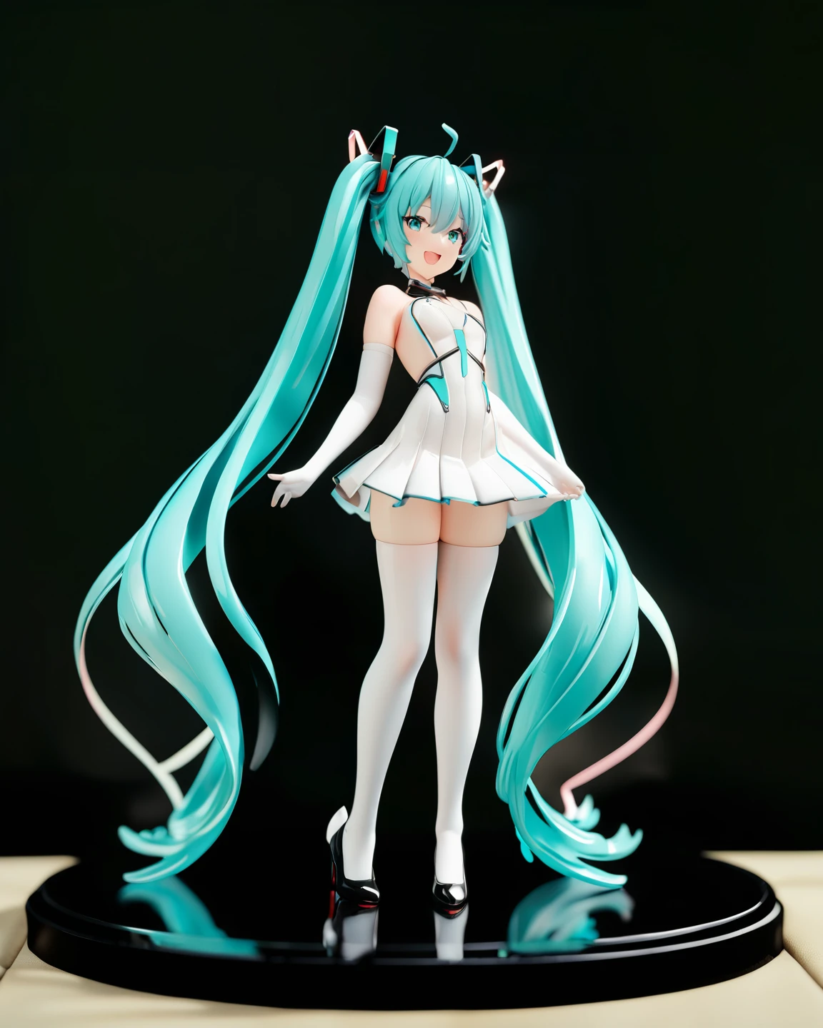 PVC, 3D, Best quality, masterpiece, 1girl, solo, hatsune miku, long hair, very long hair, gloves, elbow gloves, twintails, thighhighs, full body, open mouth, white gloves, dress, smile, standing, high heels, white thighhighs, black background, hair between eyes, white dress, black footwear, looking at viewer, :d, pleated dress, absurdly long hair, ahoge, ribbon, zettai ryouiki, masterpiece, best quality