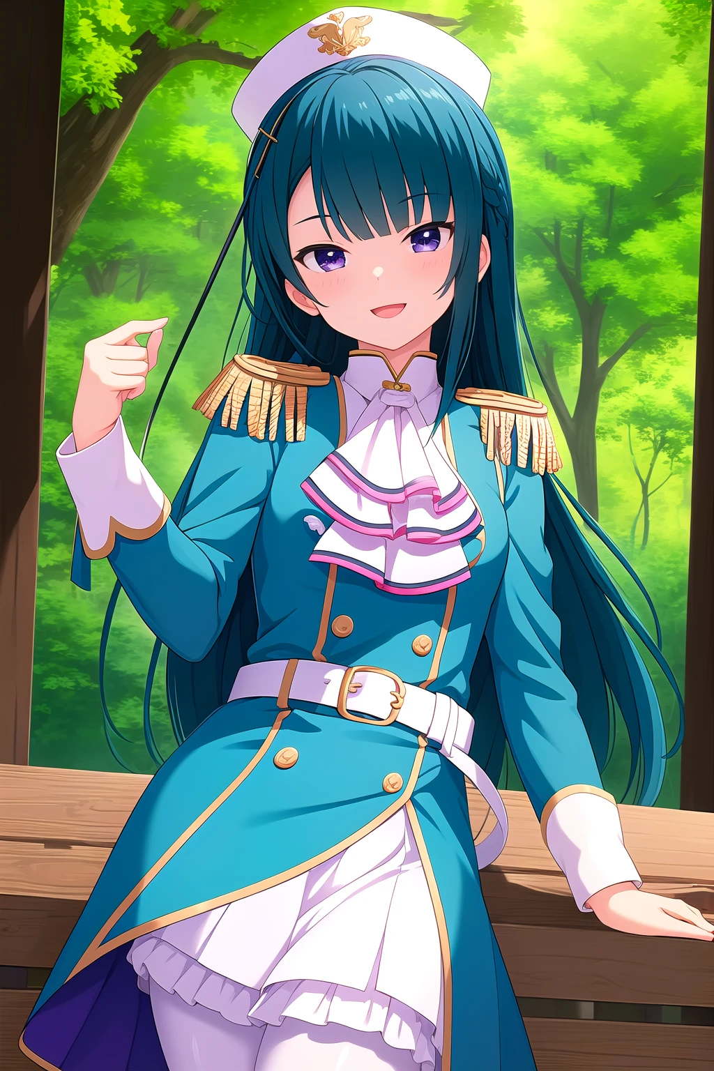 (masterpiece, best quality), highly detailed background, perfect lightingbest quality, chiyouraayame, solo, outdoors, nature, hat feather, aqua hair, blunt bangs, very long hair, purple eyes, jewelry, small breasts, epaulettes, blue dress, ascot, white belt, white skirt, black pantyhose, vertical-striped pantyhose, military uniform, smile, open mouth, >:d, pink lips, <lora:Chiyoura-Ayame:0.7>