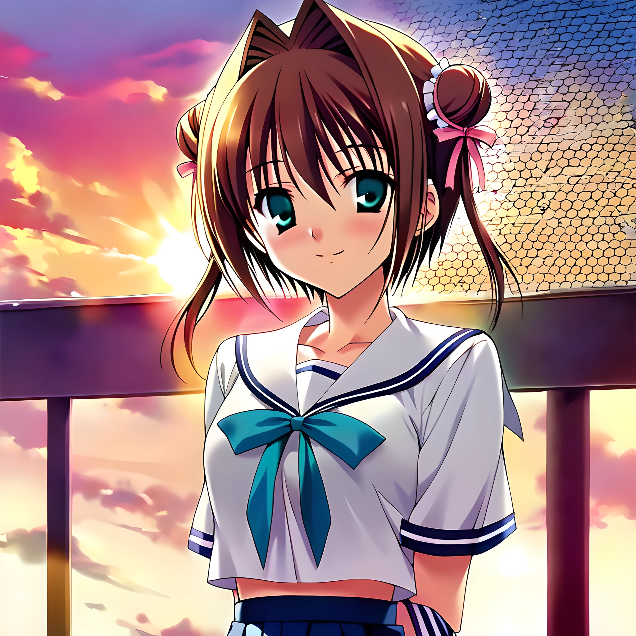 <lora:pony_xl_yume:0.8>,yume,score_9,score_8_up,score_7_up,source_anime,1girl,solo,school uniform,serafuku,(against backlight at dusk:1.2),sunset,rooftop,fence,chain-link fence,standing,arms_behind_back,front view,upper_body,looking_at_viewer,lens_flare,a smile that seems to cry,