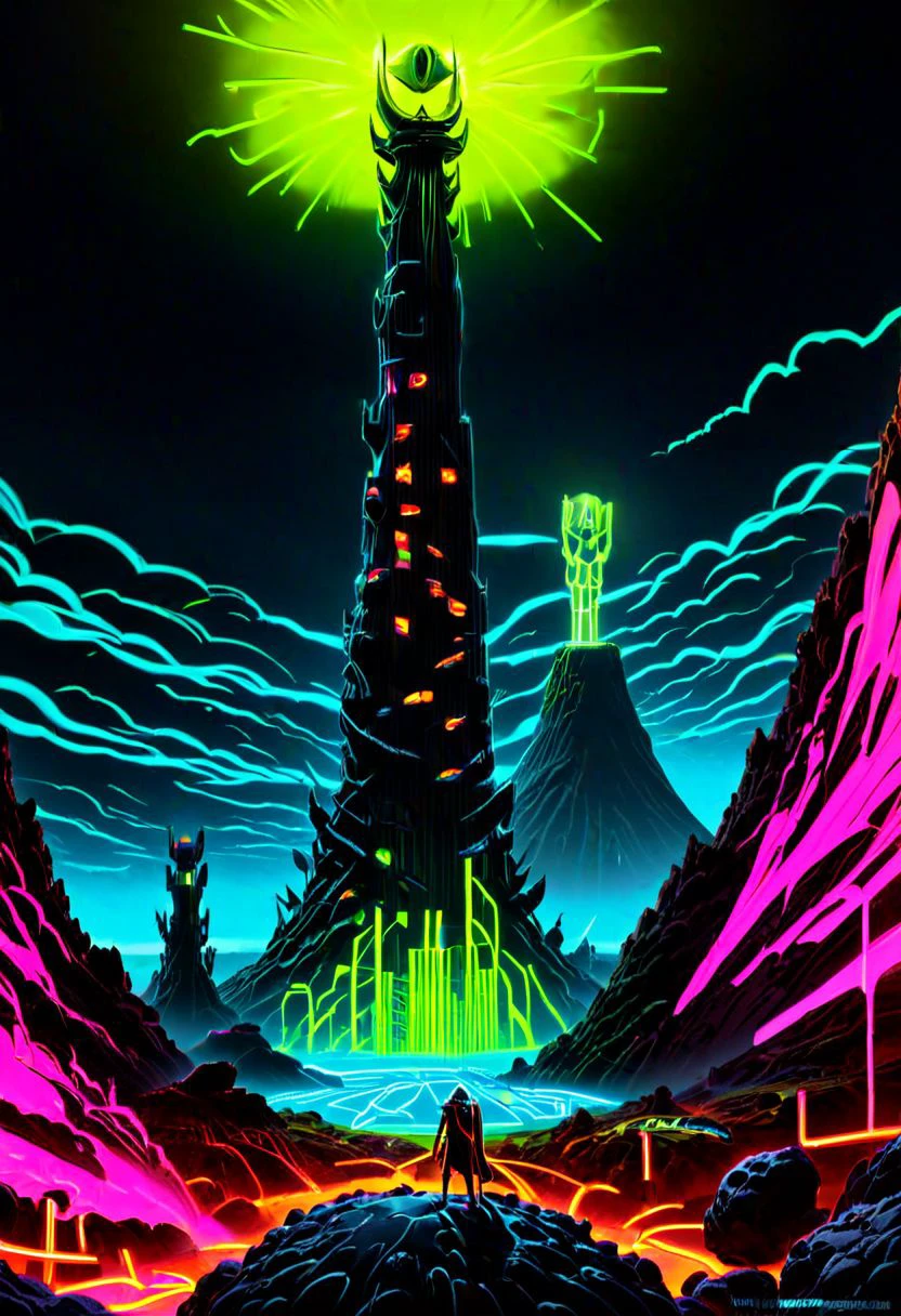 ((masterpiece, best quality)), high resolution, highly detailed, 32k picture,
scif SauronsTower perched on the edge of an active volcanic crater, lave, hot magma, high contrast with cool black pumice and basalt, inhuman, very alien environment, sci fi environment, neon_style